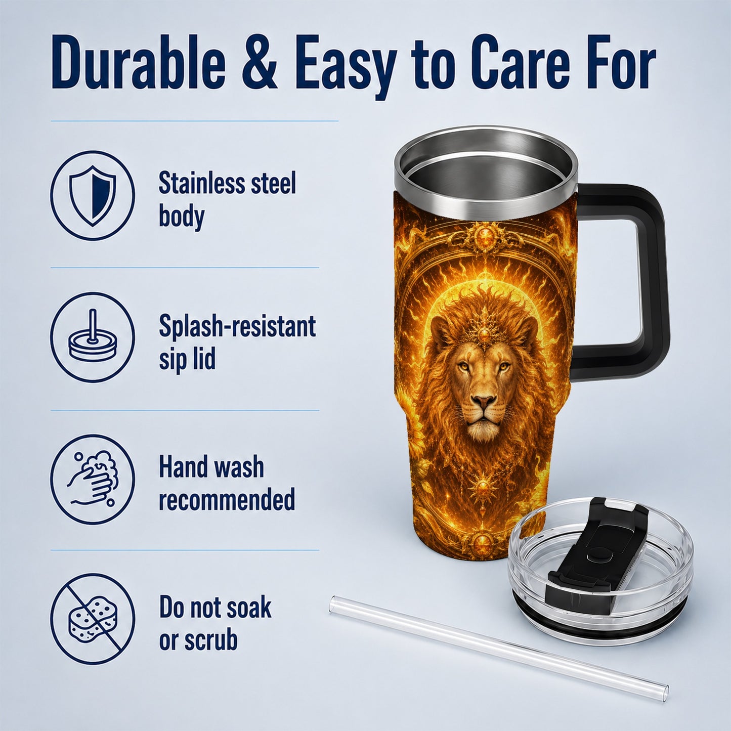 #pl[40oz|Black] Leo Lion 40oz Tumbler with Handle, Solar Zodiac Celestial Art