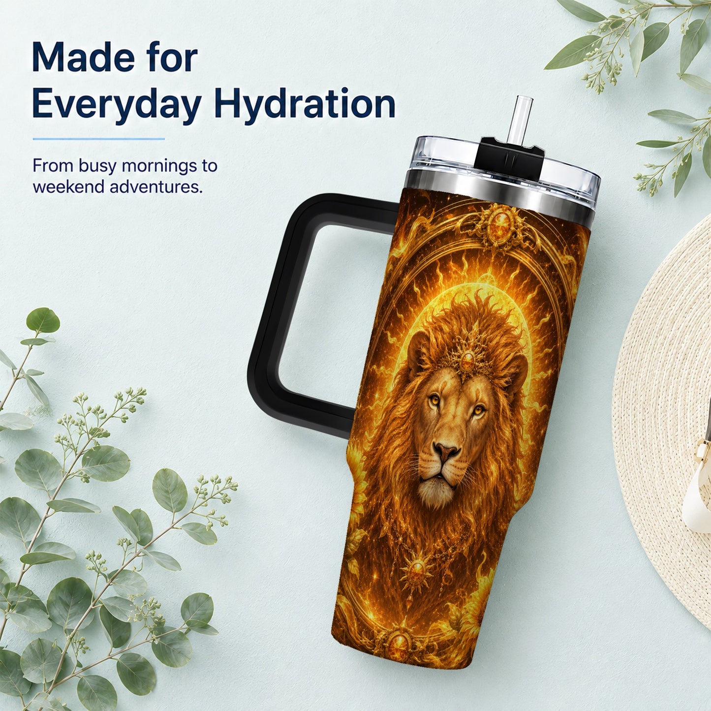 #pl[40oz|Black] Leo Lion 40oz Tumbler with Handle, Solar Zodiac Celestial Art