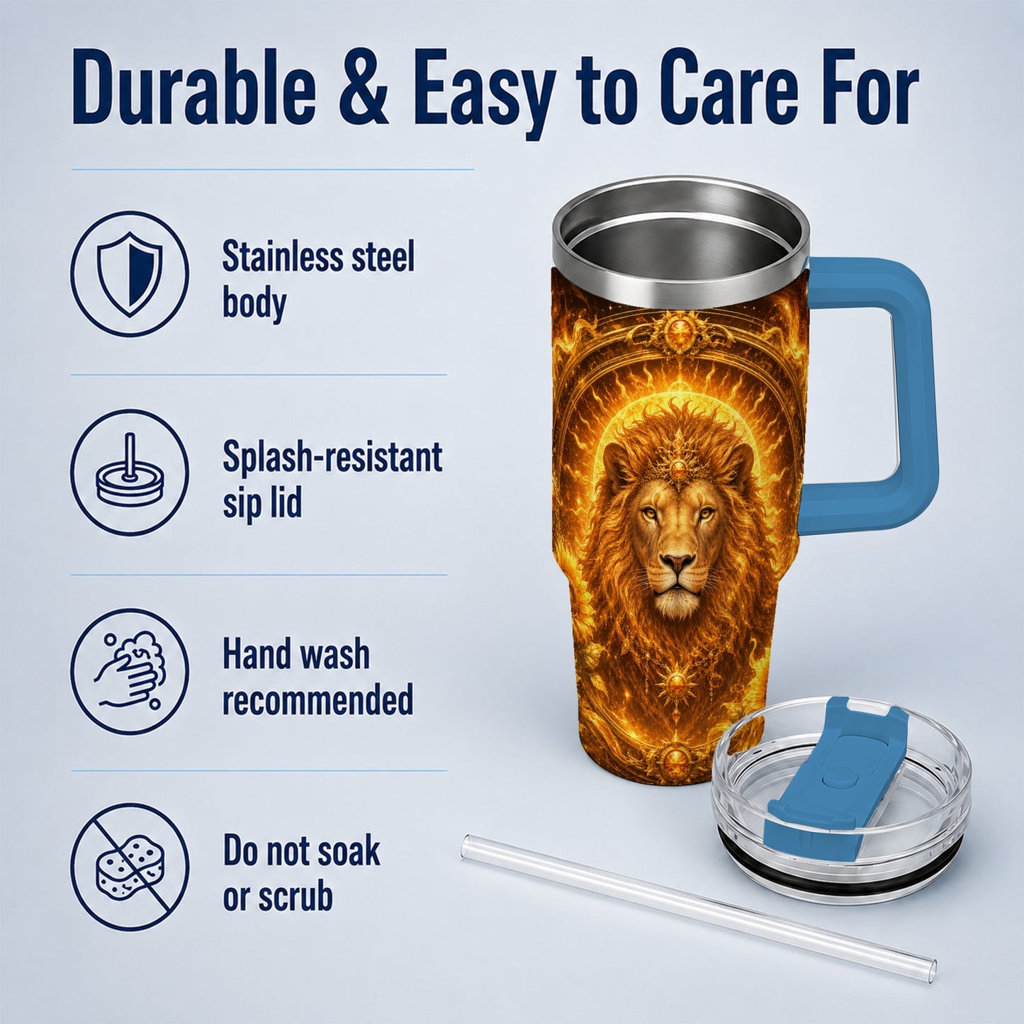#pl[40oz|Blue] Leo Lion 40oz Tumbler with Handle, Solar Zodiac Celestial Art