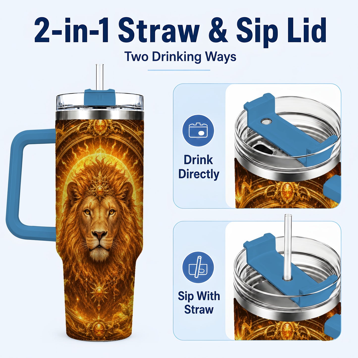 #pl[40oz|Blue] Leo Lion 40oz Tumbler with Handle, Solar Zodiac Celestial Art