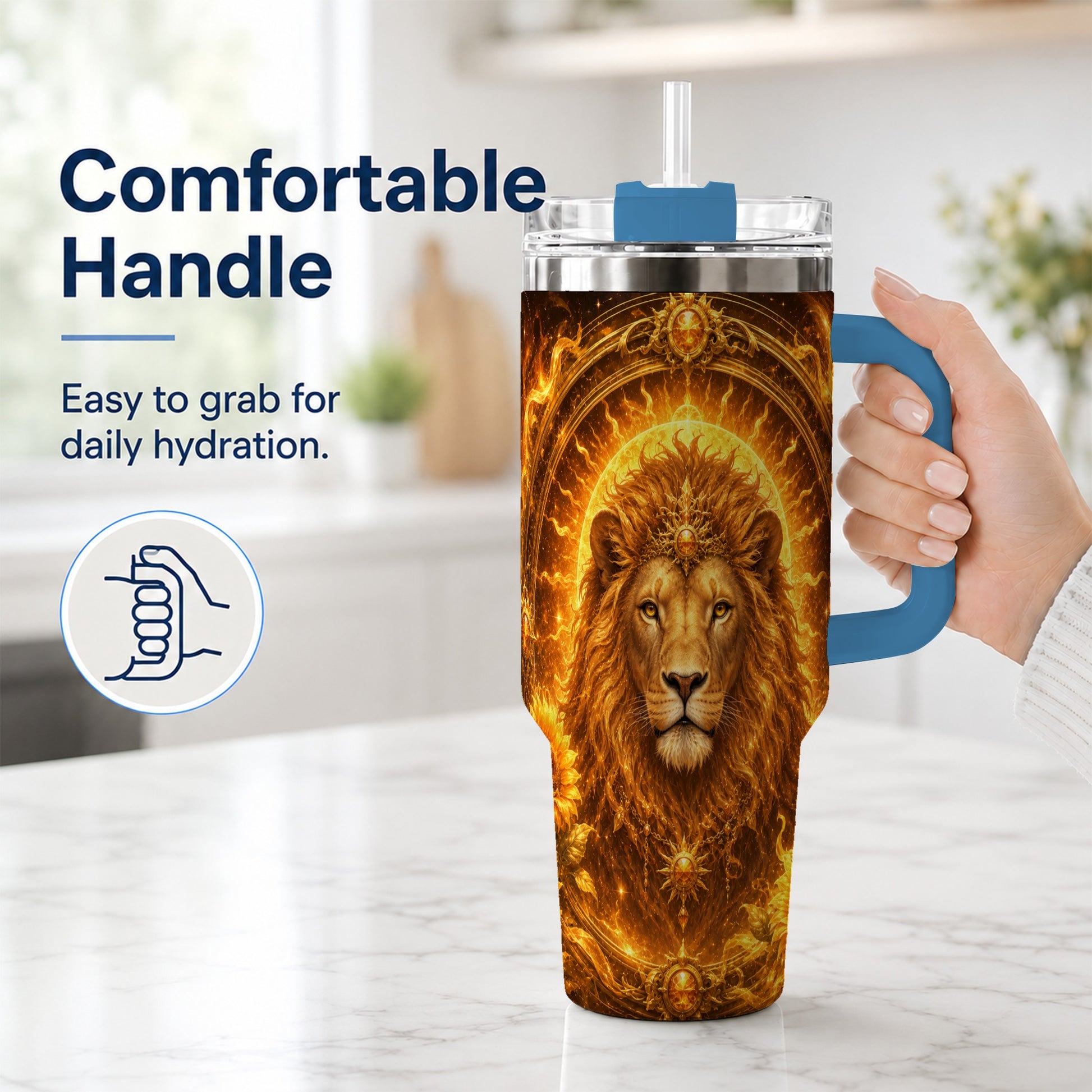#pl[40oz|Blue] Leo Lion 40oz Tumbler with Handle, Solar Zodiac Celestial Art