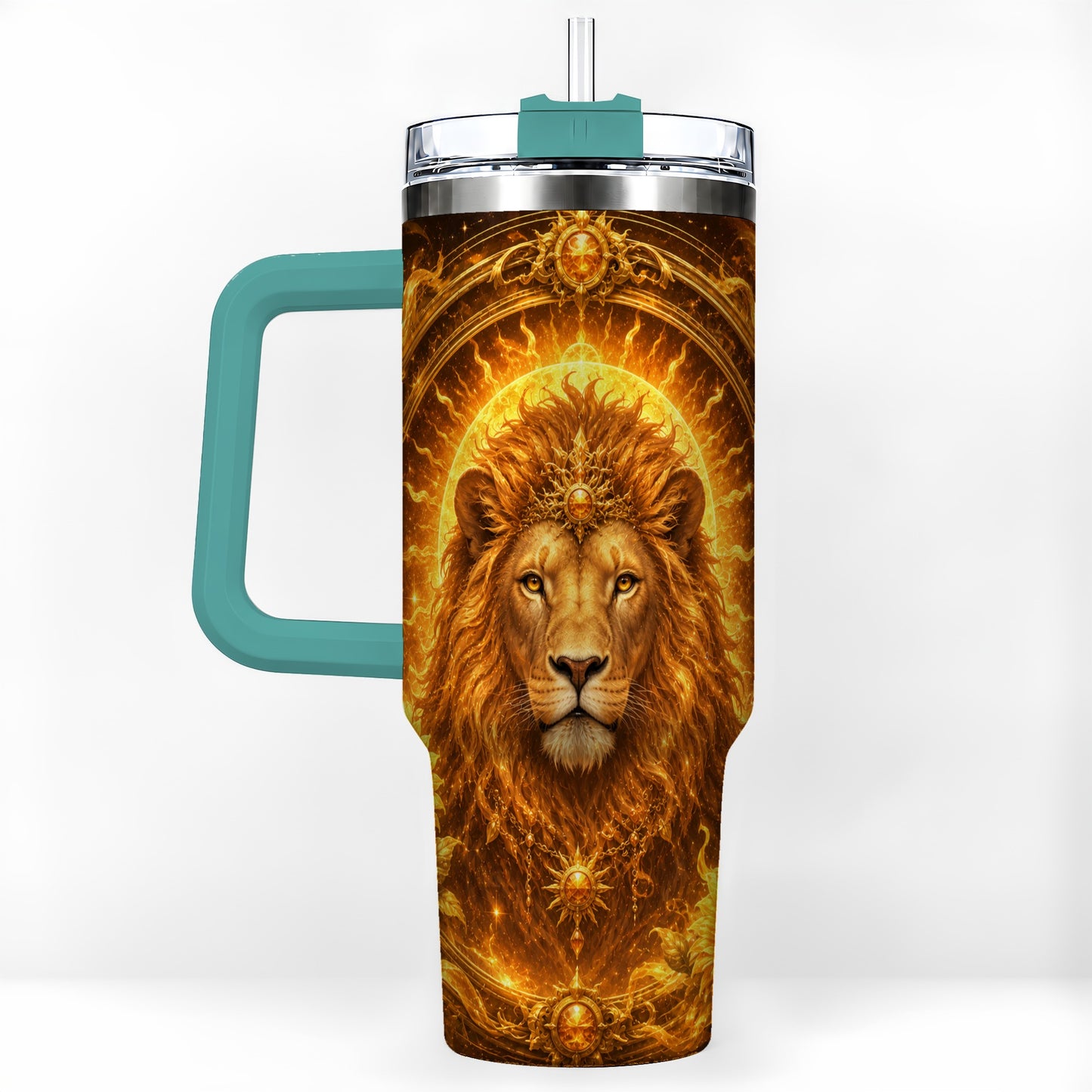 #pl[40oz|Green] Leo Lion 40oz Tumbler with Handle, Solar Zodiac Celestial Art