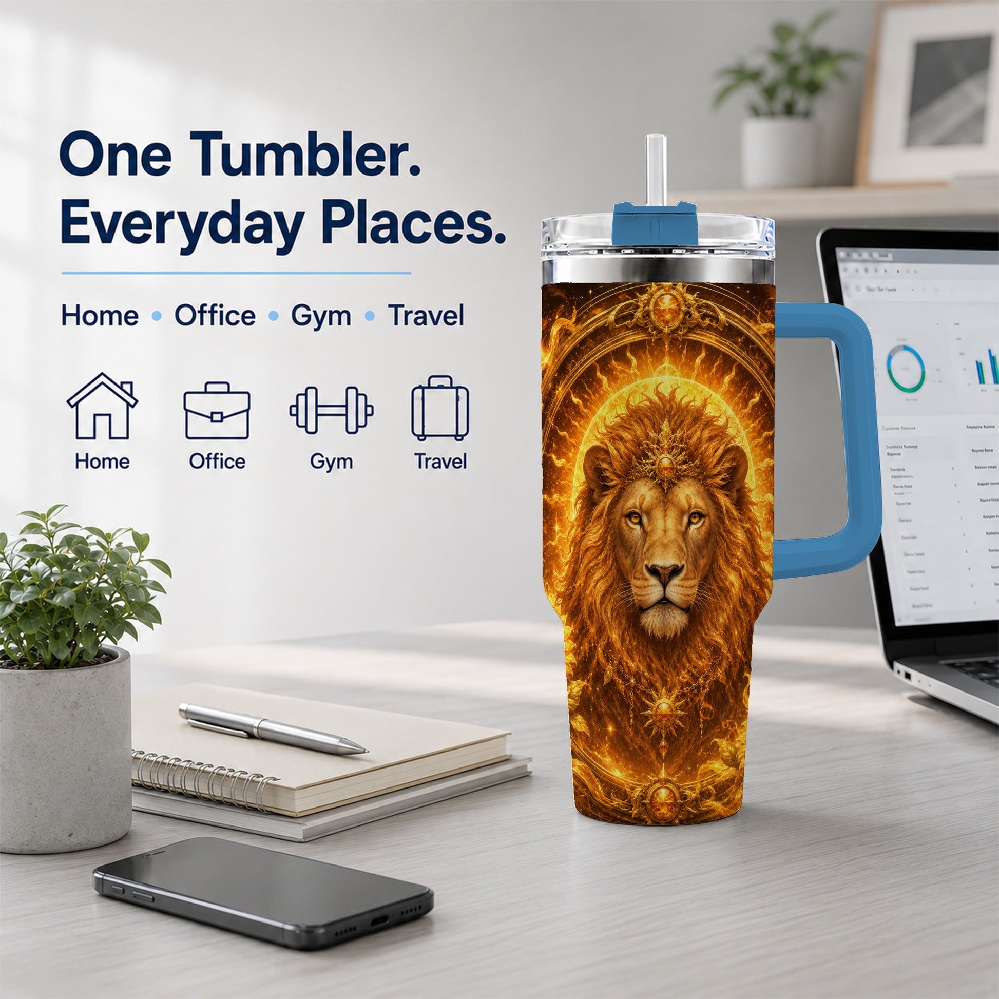#pl[40oz|Blue] Leo Lion 40oz Tumbler with Handle, Solar Zodiac Celestial Art