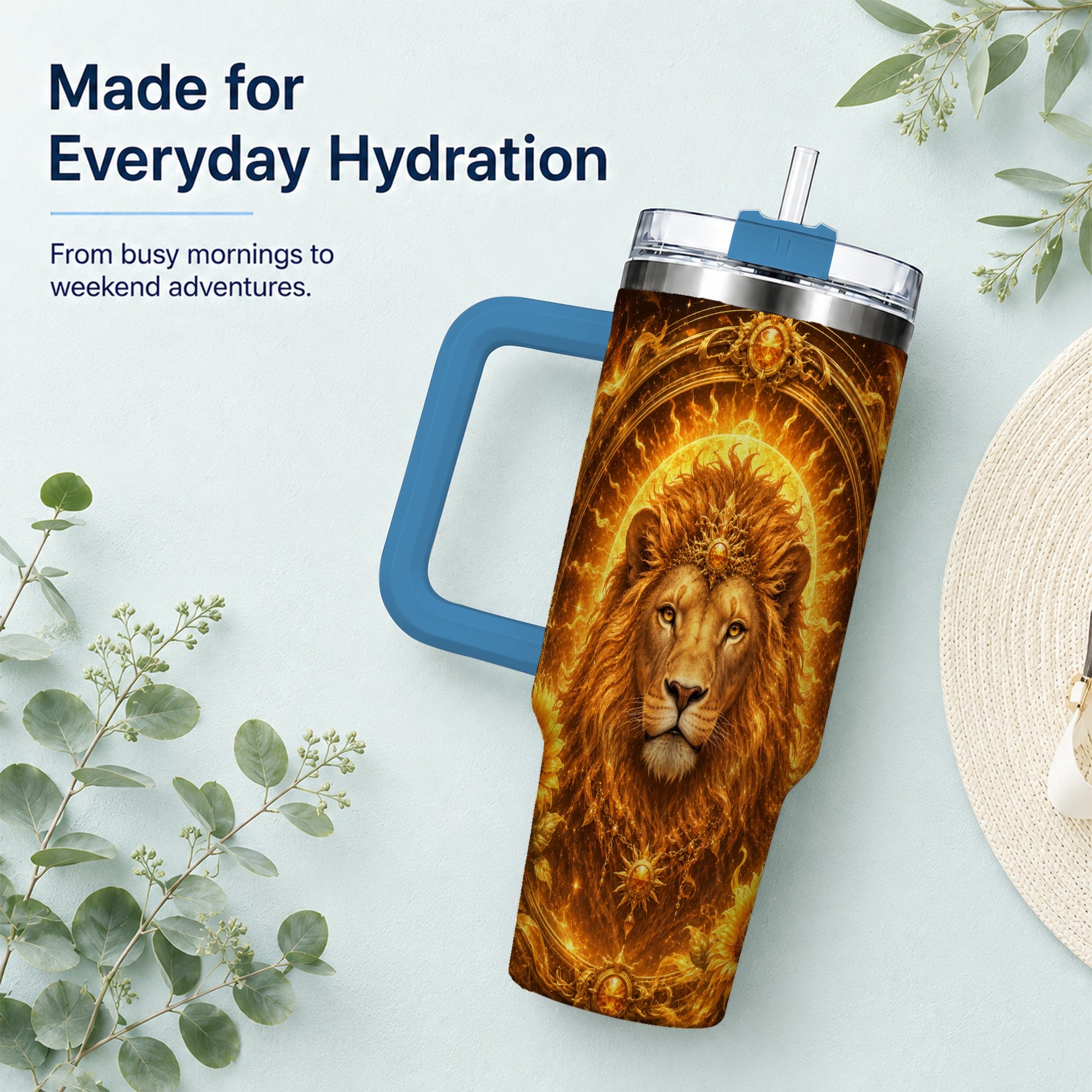 #pl[40oz|Blue] Leo Lion 40oz Tumbler with Handle, Solar Zodiac Celestial Art