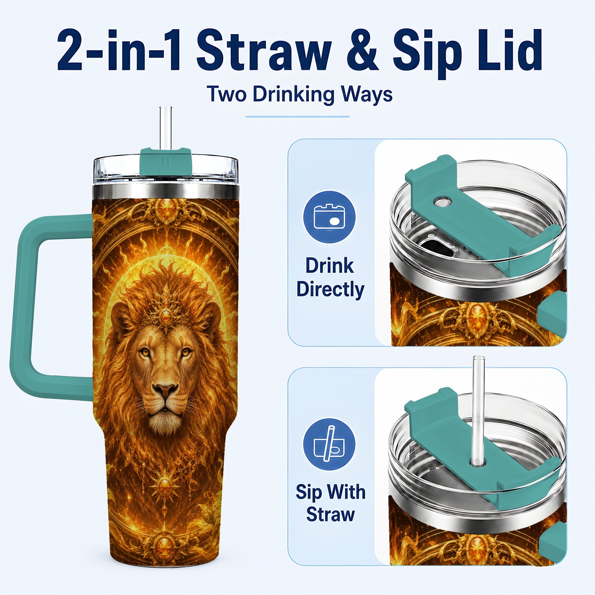 #pl[40oz|Green] Leo Lion 40oz Tumbler with Handle, Solar Zodiac Celestial Art