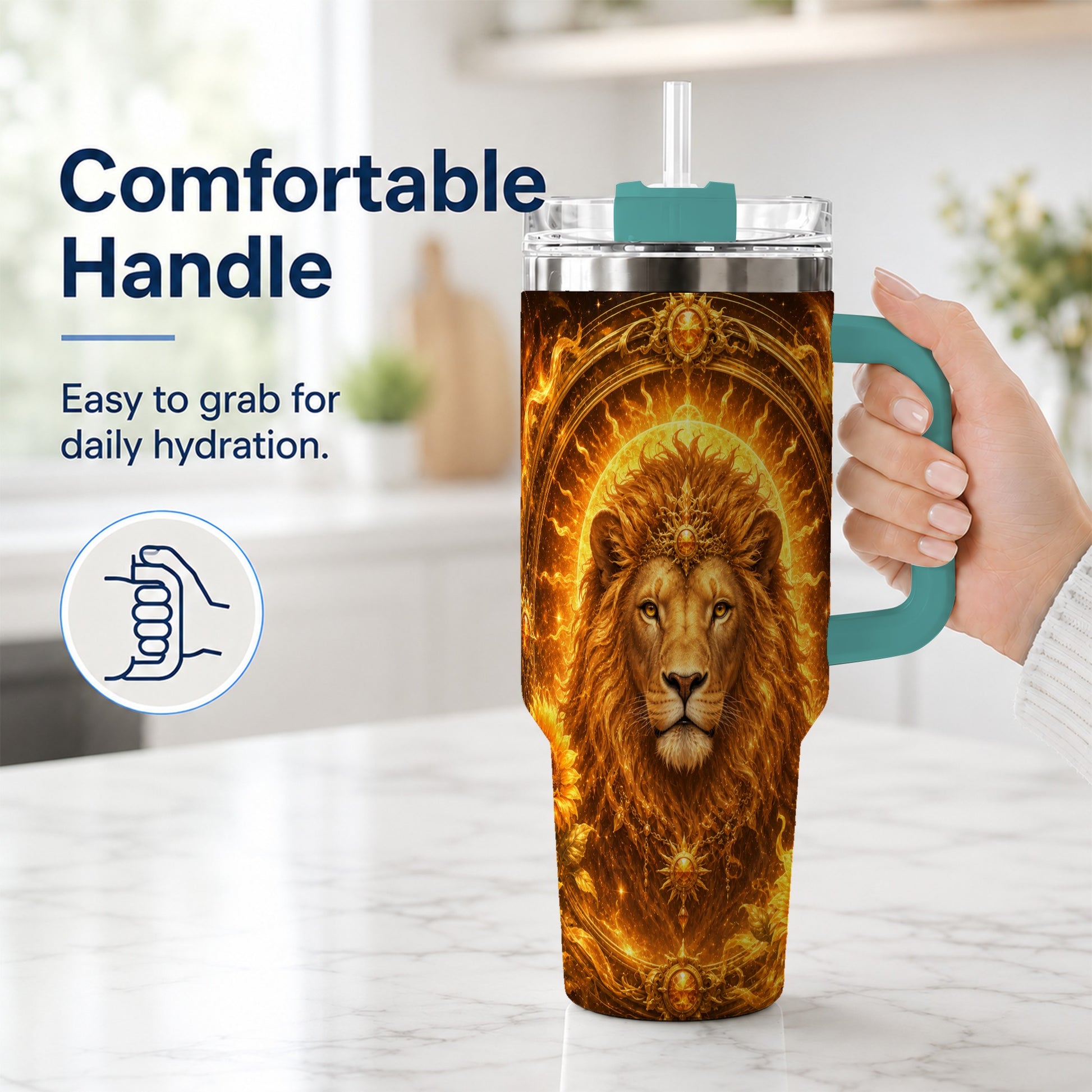 #pl[40oz|Green] Leo Lion 40oz Tumbler with Handle, Solar Zodiac Celestial Art