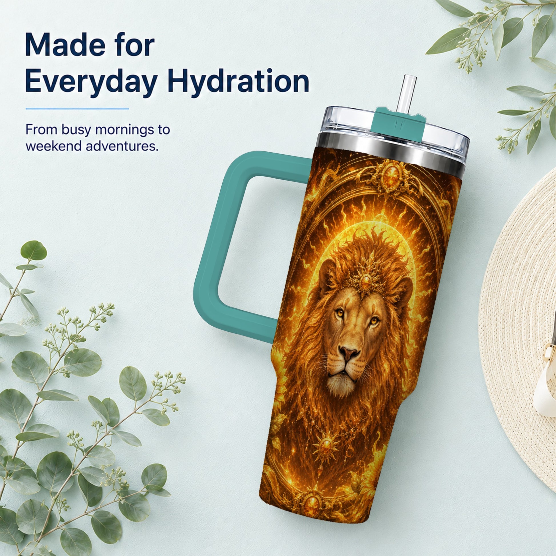 #pl[40oz|Green] Leo Lion 40oz Tumbler with Handle, Solar Zodiac Celestial Art