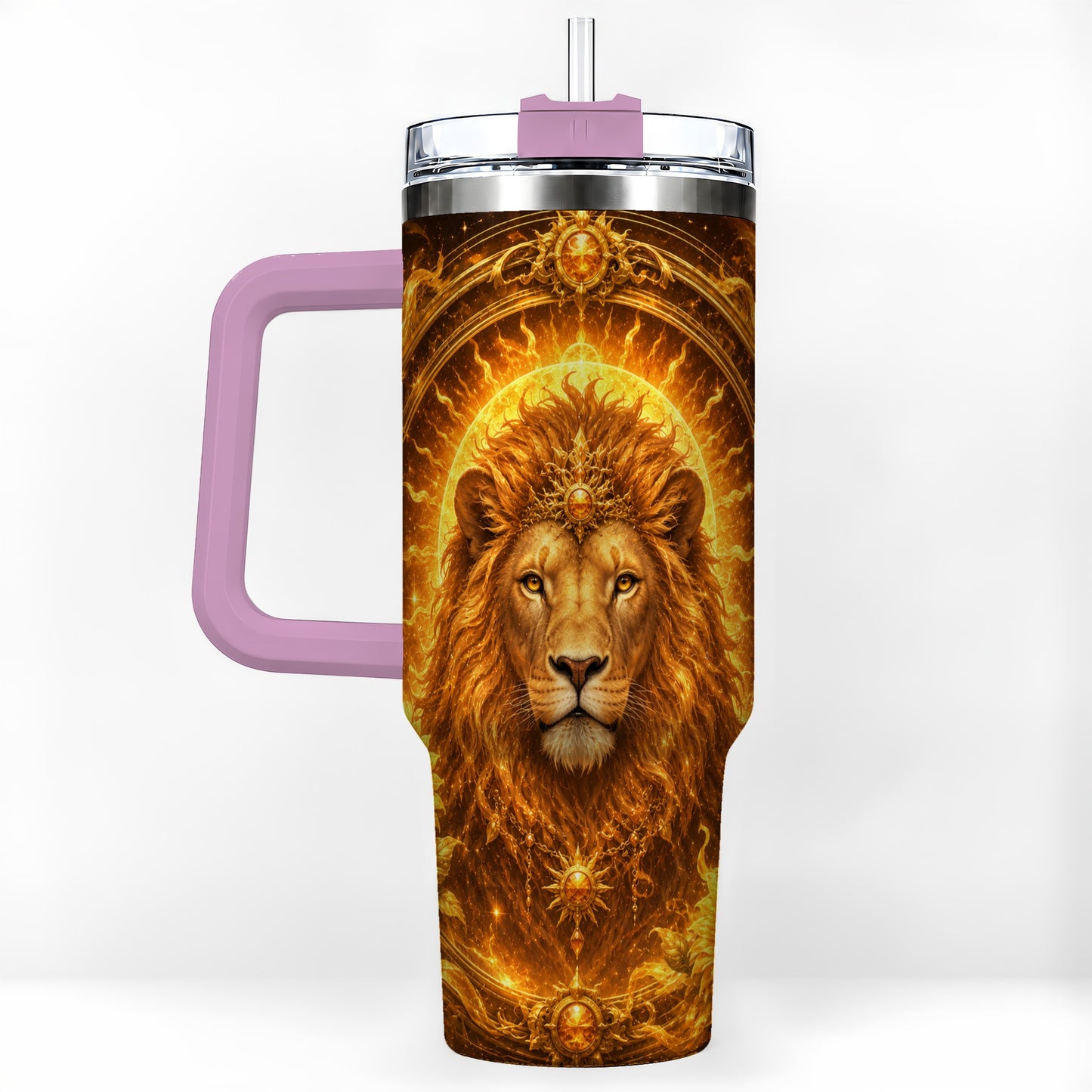 #pl[40oz|Pink] Leo Lion 40oz Tumbler with Handle, Solar Zodiac Celestial Art