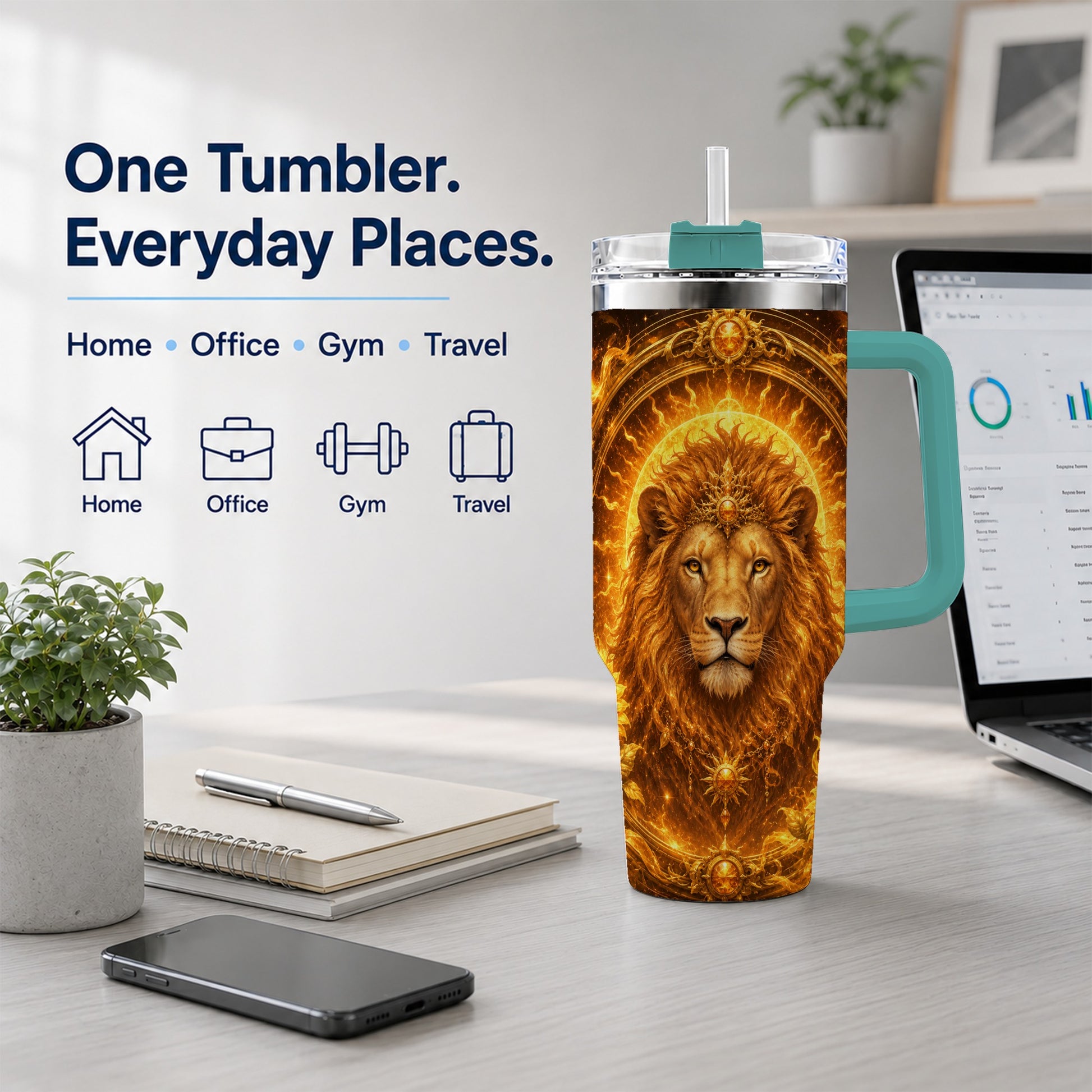 #pl[40oz|Green] Leo Lion 40oz Tumbler with Handle, Solar Zodiac Celestial Art