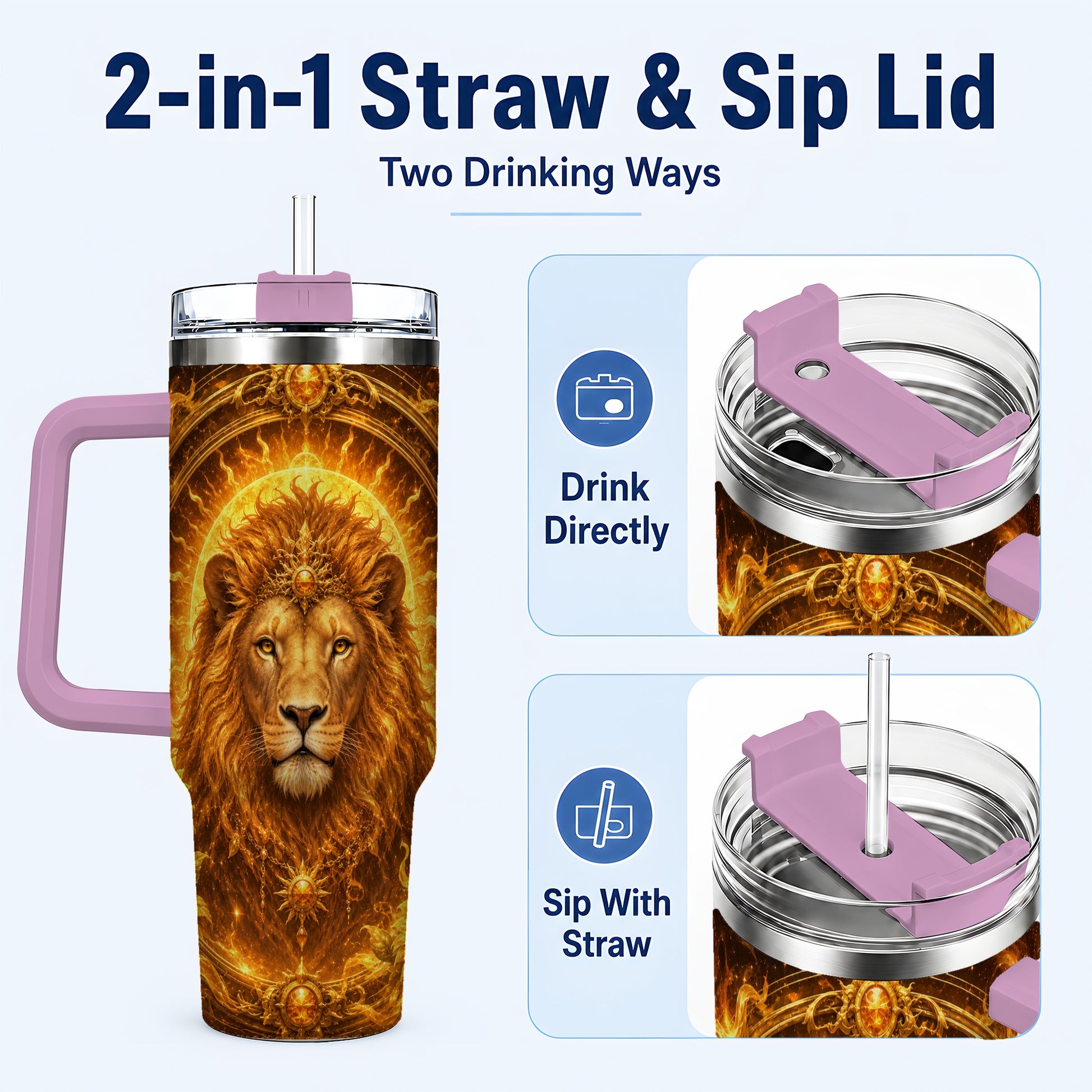 #pl[40oz|Pink] Leo Lion 40oz Tumbler with Handle, Solar Zodiac Celestial Art