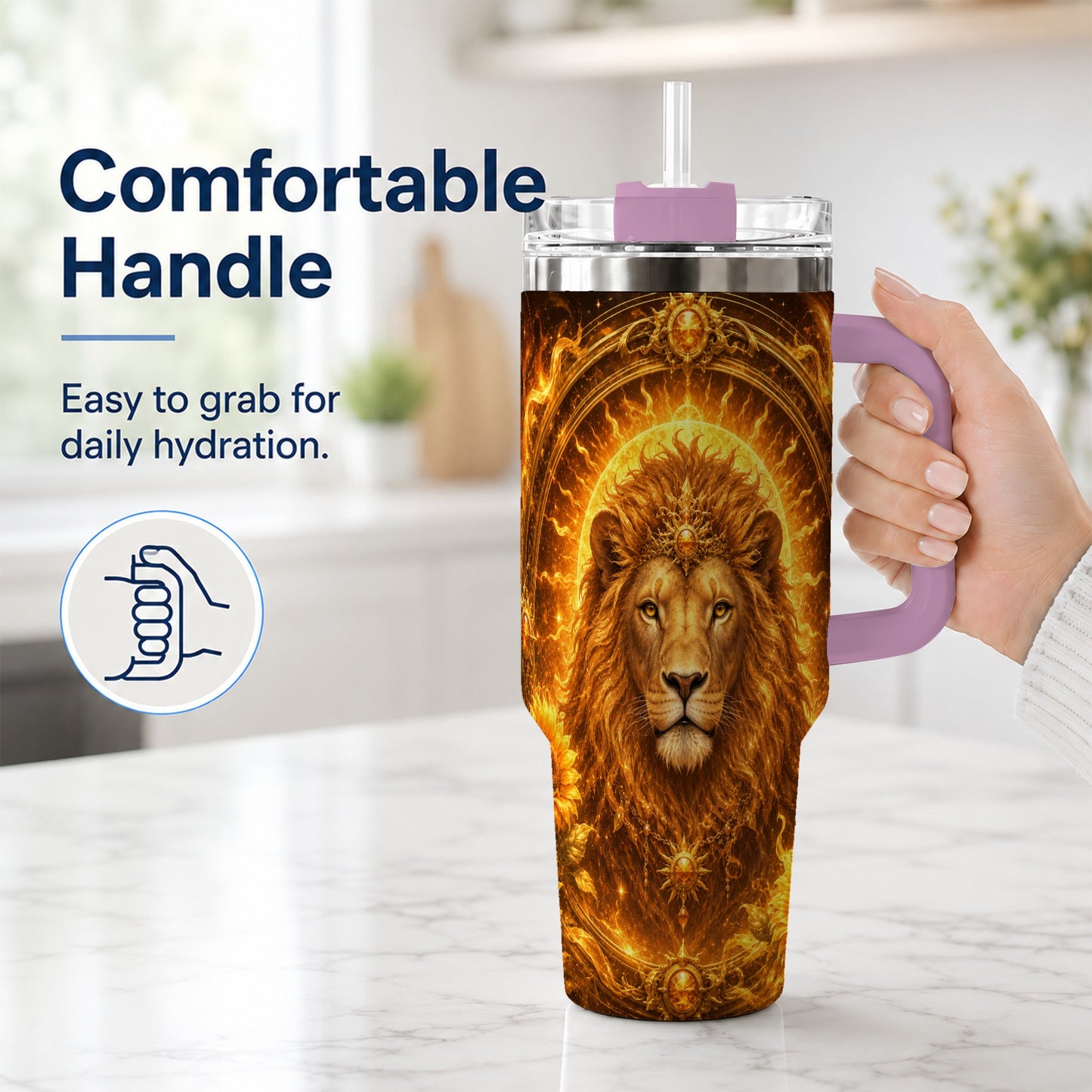 #pl[40oz|Pink] Leo Lion 40oz Tumbler with Handle, Solar Zodiac Celestial Art