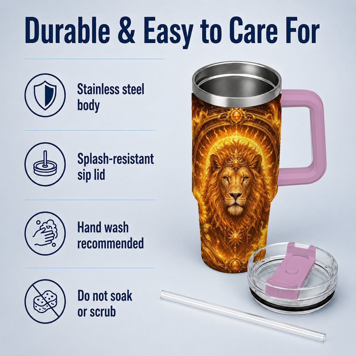 #pl[40oz|Pink] Leo Lion 40oz Tumbler with Handle, Solar Zodiac Celestial Art