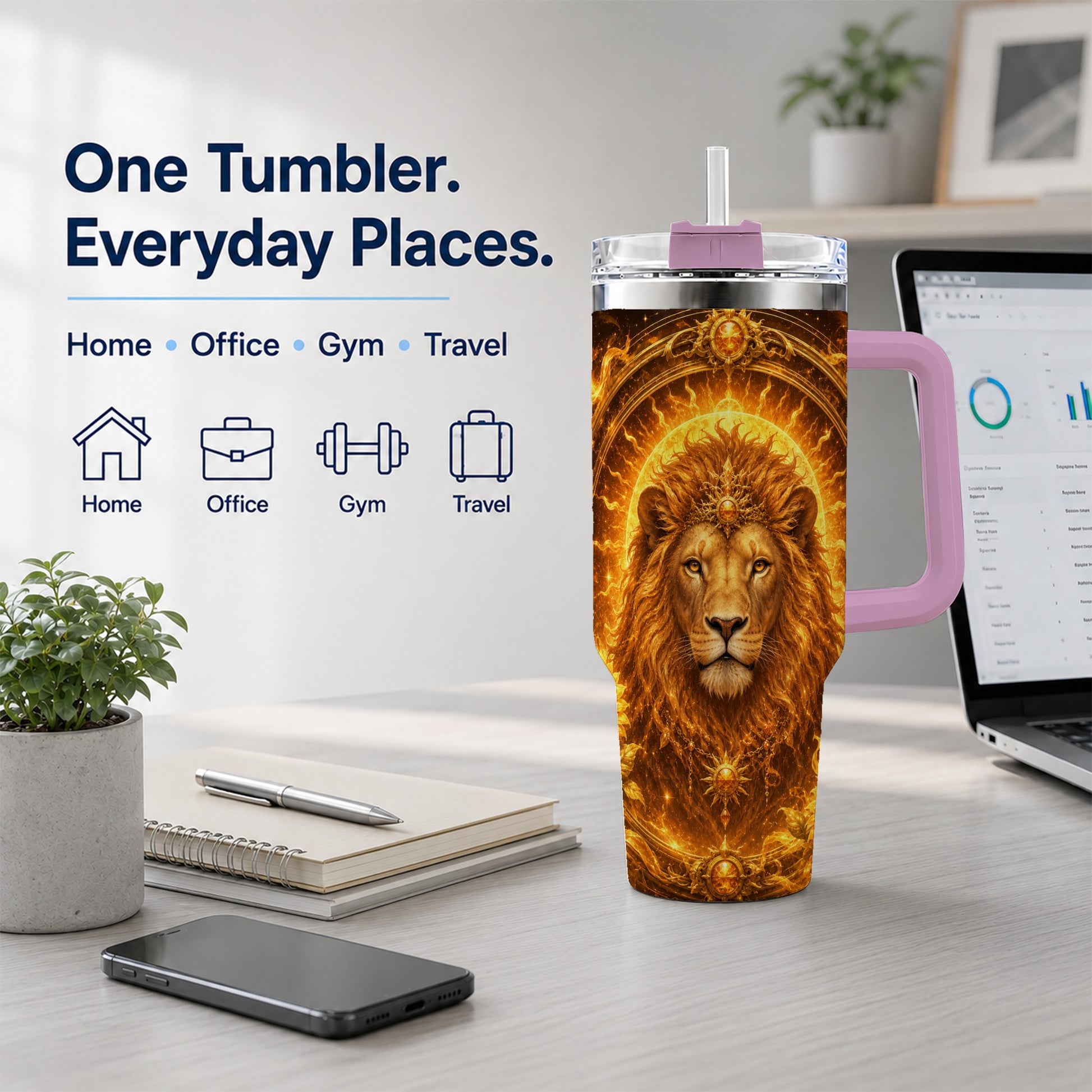 #pl[40oz|Pink] Leo Lion 40oz Tumbler with Handle, Solar Zodiac Celestial Art