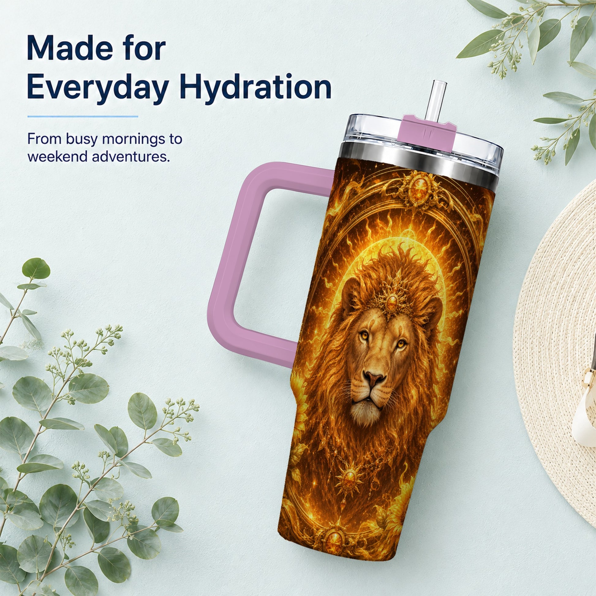 #pl[40oz|Pink] Leo Lion 40oz Tumbler with Handle, Solar Zodiac Celestial Art