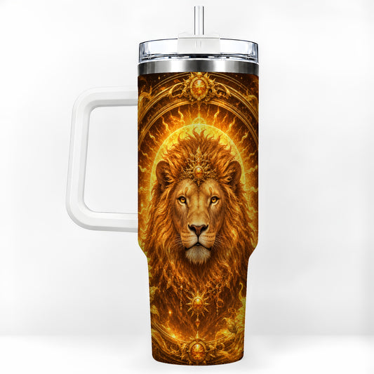 Leo Lion 40oz Tumbler with Handle, Solar Zodiac Celestial Art