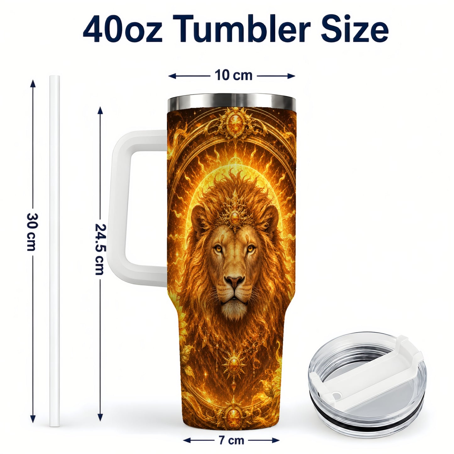 #pl[40oz|White] Leo Lion 40oz Tumbler with Handle, Solar Zodiac Celestial Art