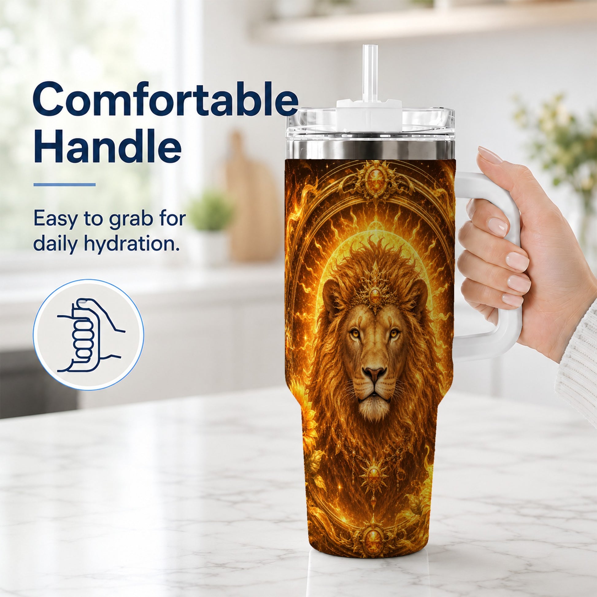 #pl[40oz|White] Leo Lion 40oz Tumbler with Handle, Solar Zodiac Celestial Art