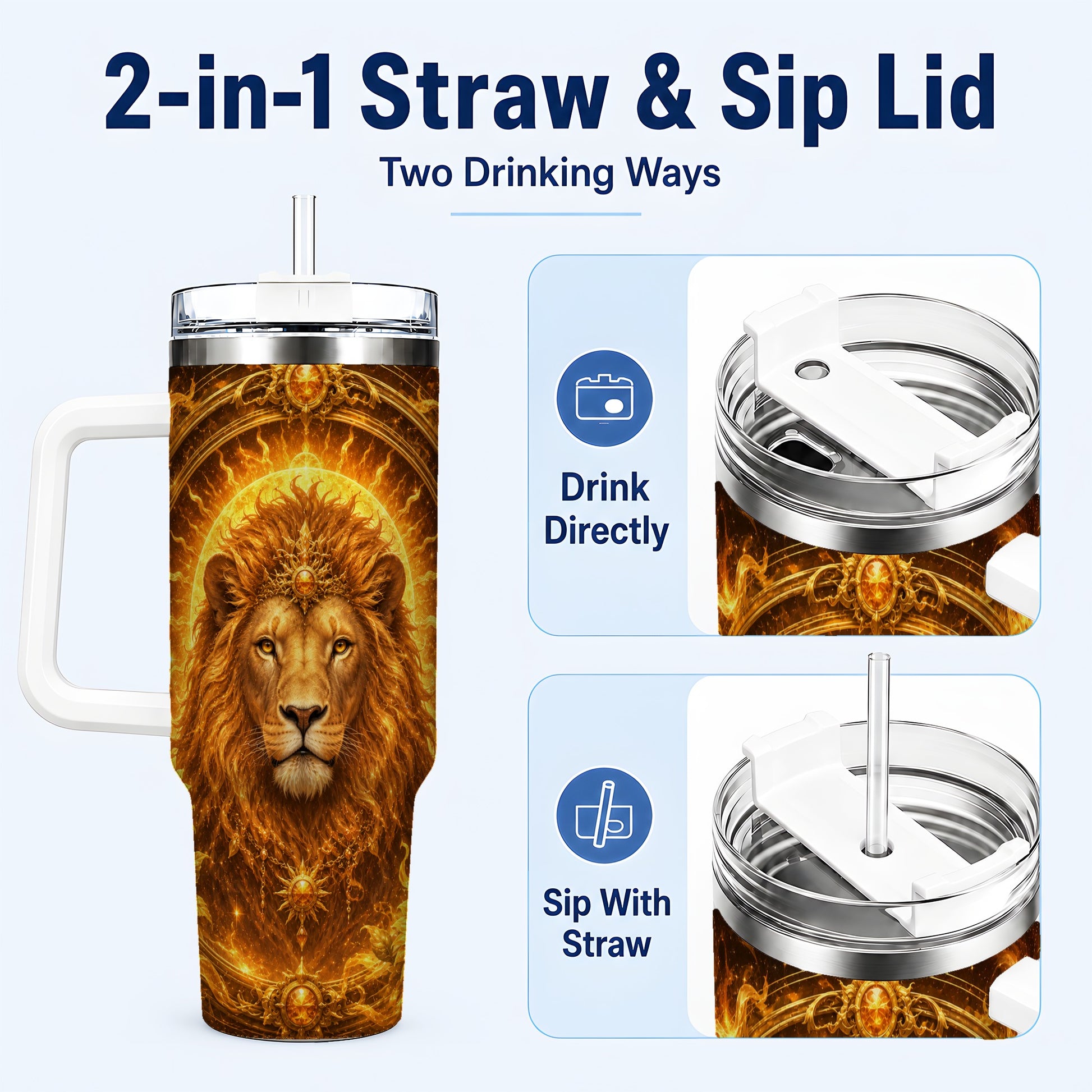 #pl[40oz|White] Leo Lion 40oz Tumbler with Handle, Solar Zodiac Celestial Art