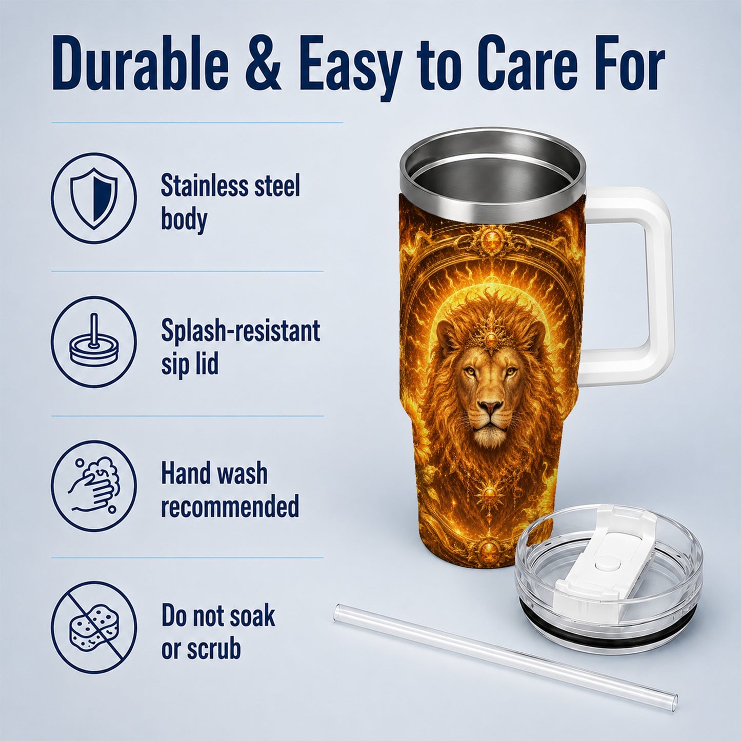 #pl[40oz|White] Leo Lion 40oz Tumbler with Handle, Solar Zodiac Celestial Art