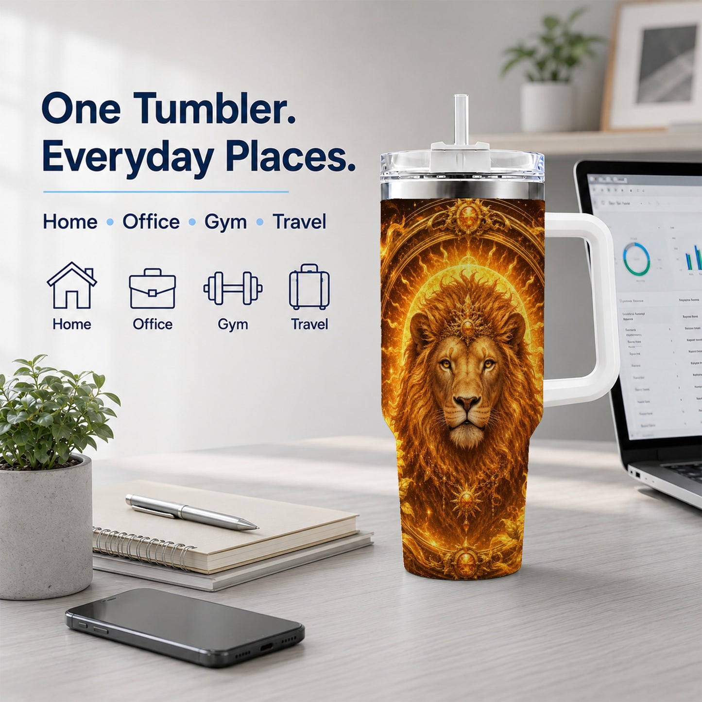 #pl[40oz|White] Leo Lion 40oz Tumbler with Handle, Solar Zodiac Celestial Art