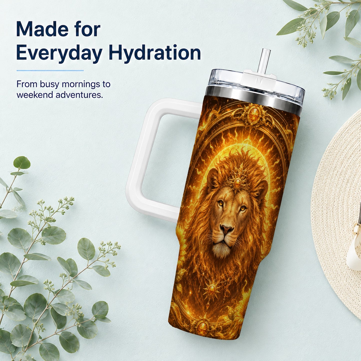 #pl[40oz|White] Leo Lion 40oz Tumbler with Handle, Solar Zodiac Celestial Art