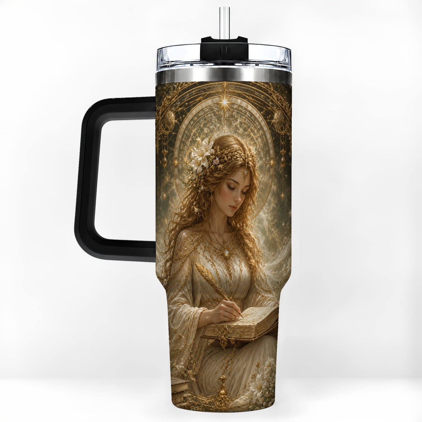 #pl[40oz|Black] Virgo Maiden 40oz Tumbler with Handle, Celestial Zodiac Floral Art