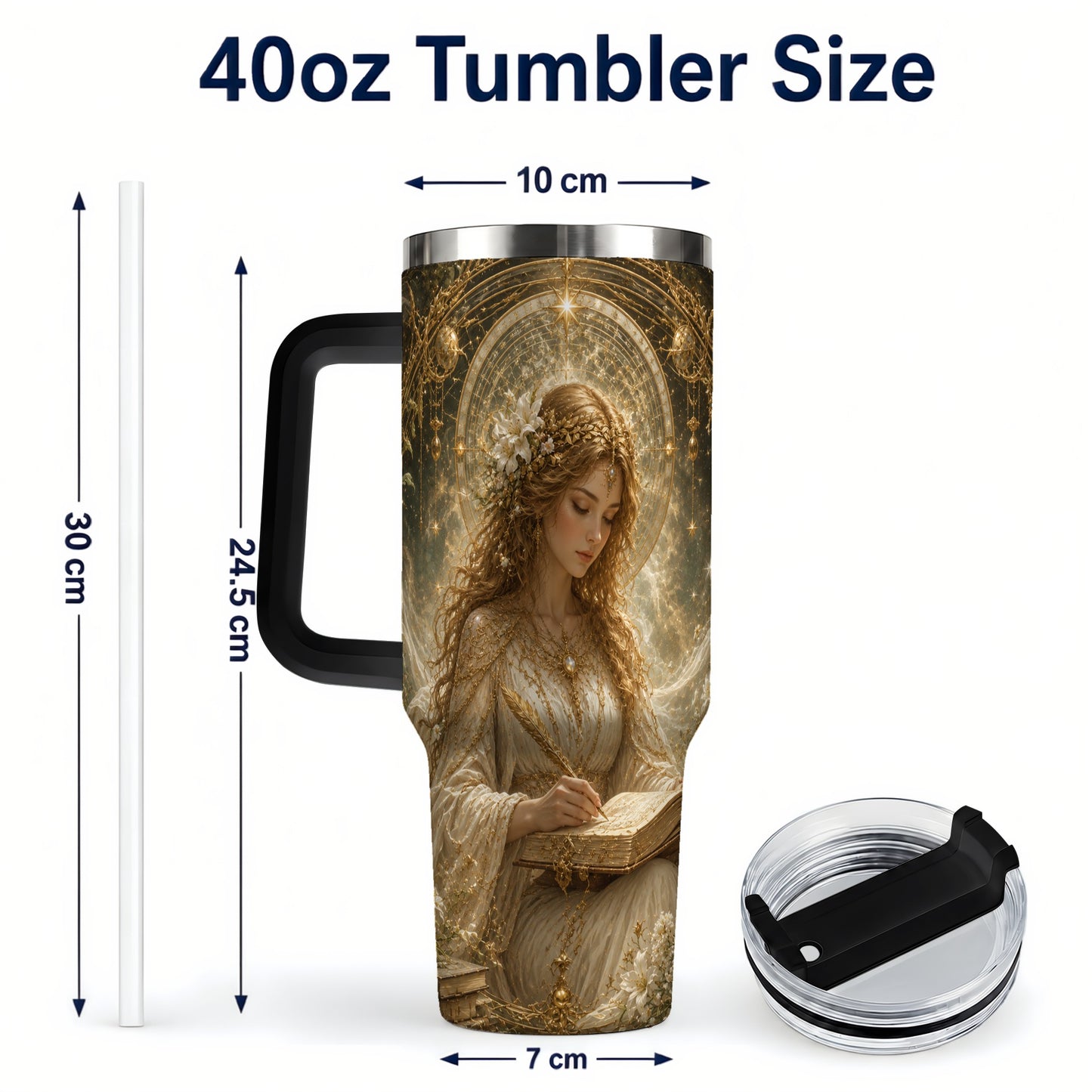 #pl[40oz|Black] Virgo Maiden 40oz Tumbler with Handle, Celestial Zodiac Floral Art