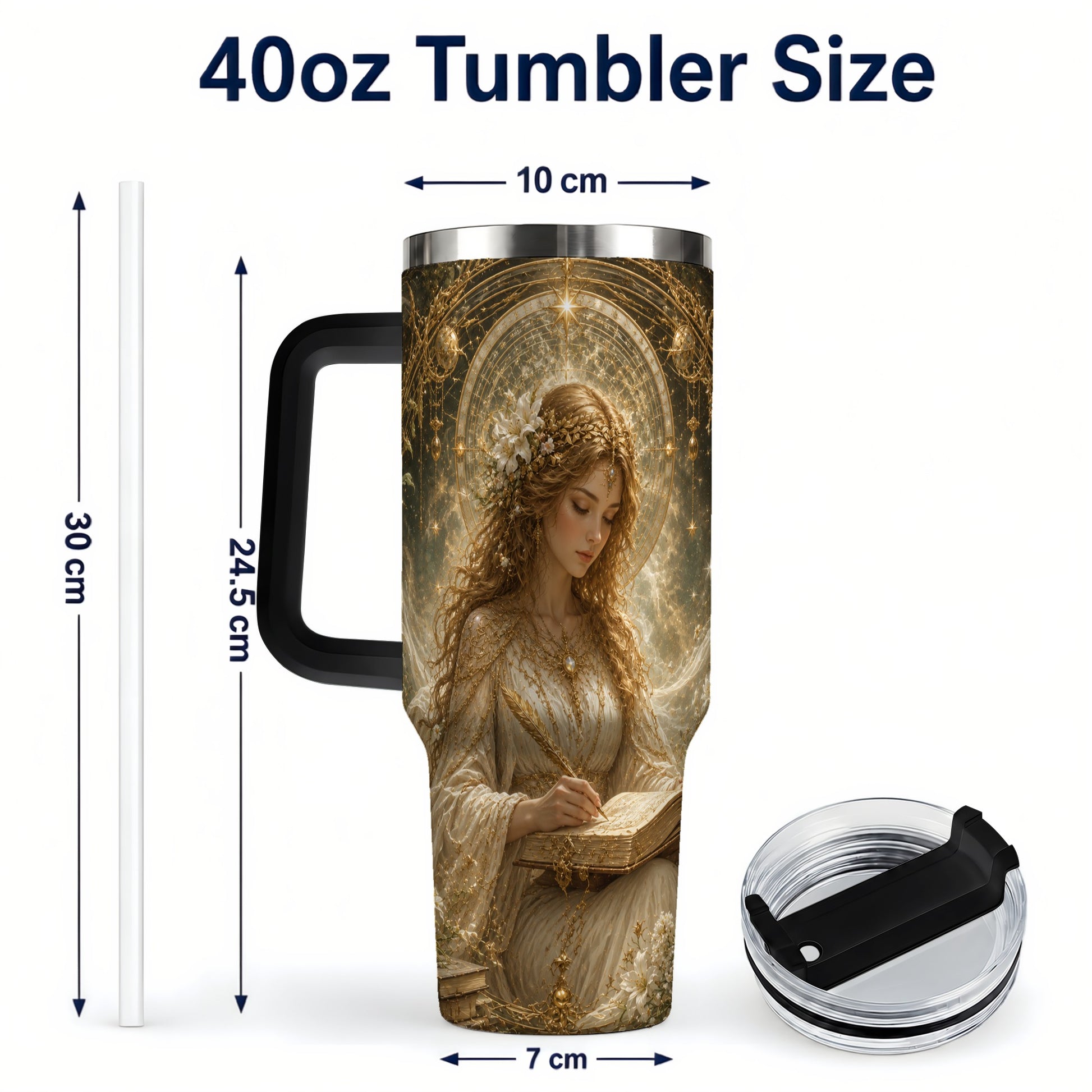 #pl[40oz|Black] Virgo Maiden 40oz Tumbler with Handle, Celestial Zodiac Floral Art