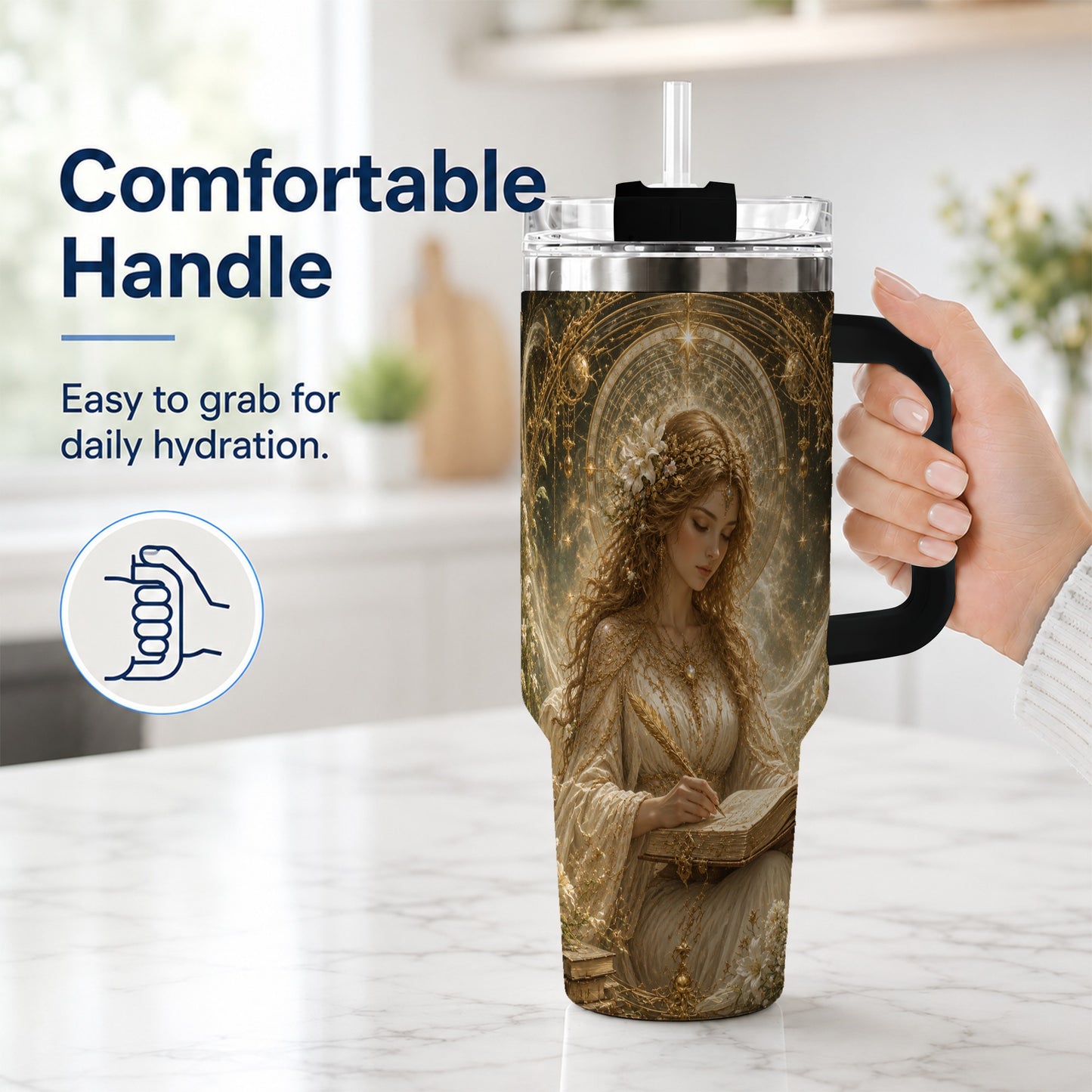 #pl[40oz|Black] Virgo Maiden 40oz Tumbler with Handle, Celestial Zodiac Floral Art