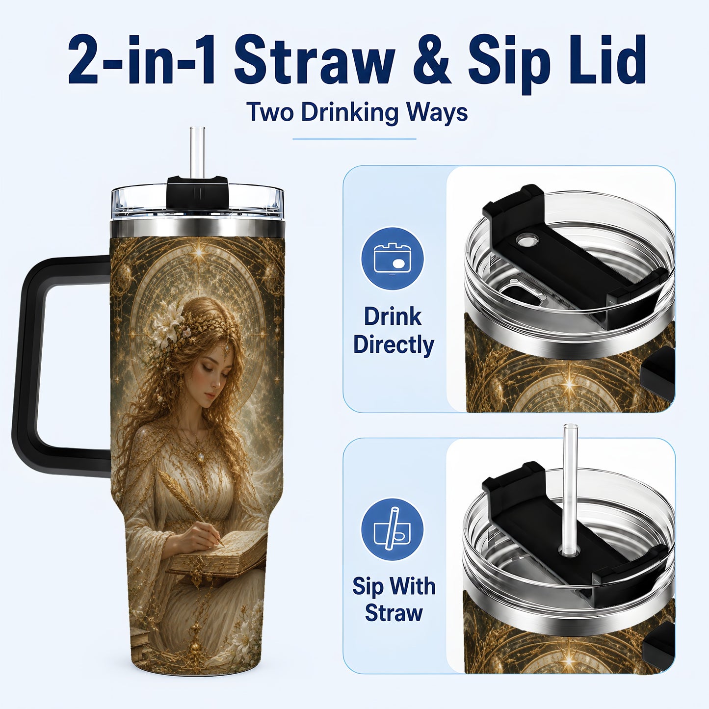 #pl[40oz|Black] Virgo Maiden 40oz Tumbler with Handle, Celestial Zodiac Floral Art