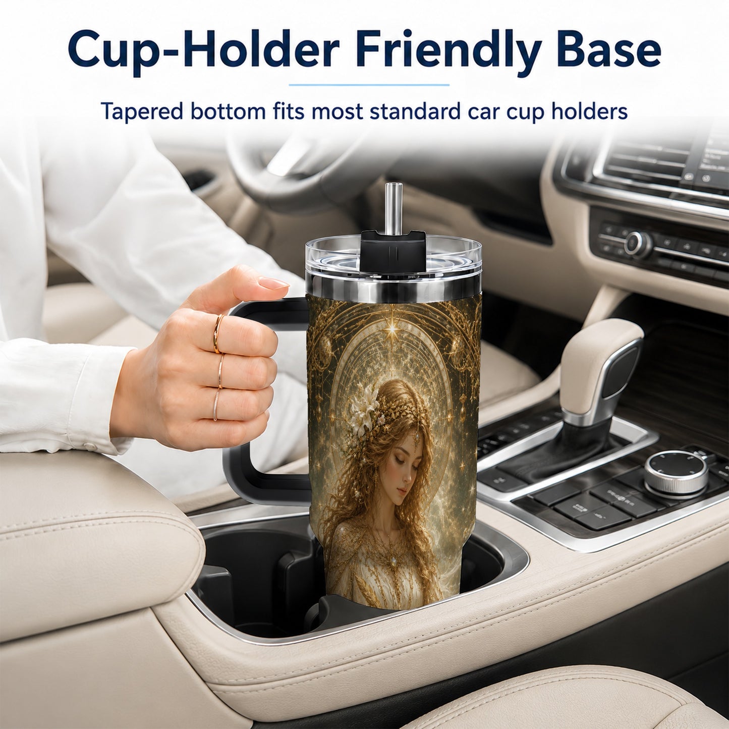 #pl[40oz|Black] Virgo Maiden 40oz Tumbler with Handle, Celestial Zodiac Floral Art
