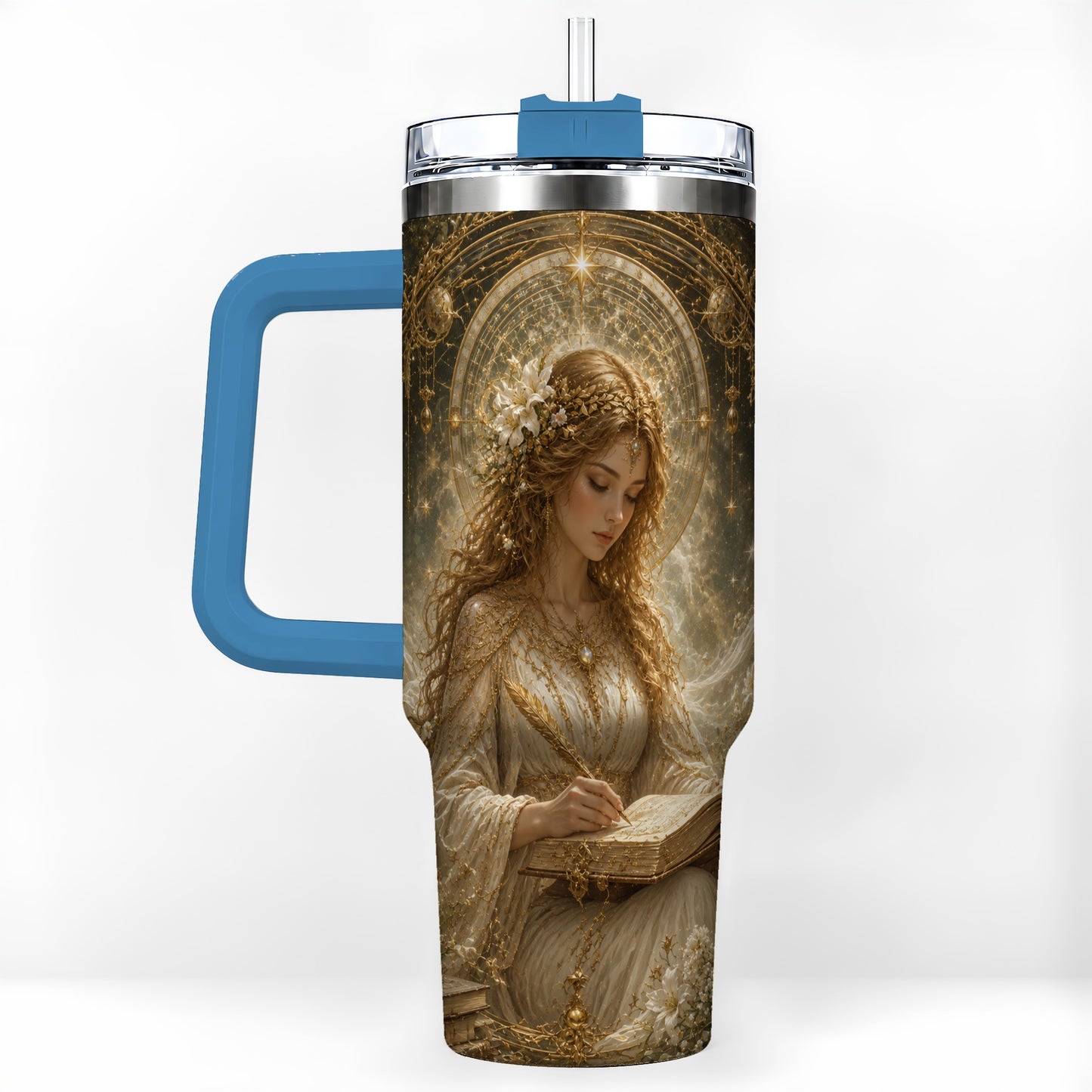 #pl[40oz|Blue] Virgo Maiden 40oz Tumbler with Handle, Celestial Zodiac Floral Art