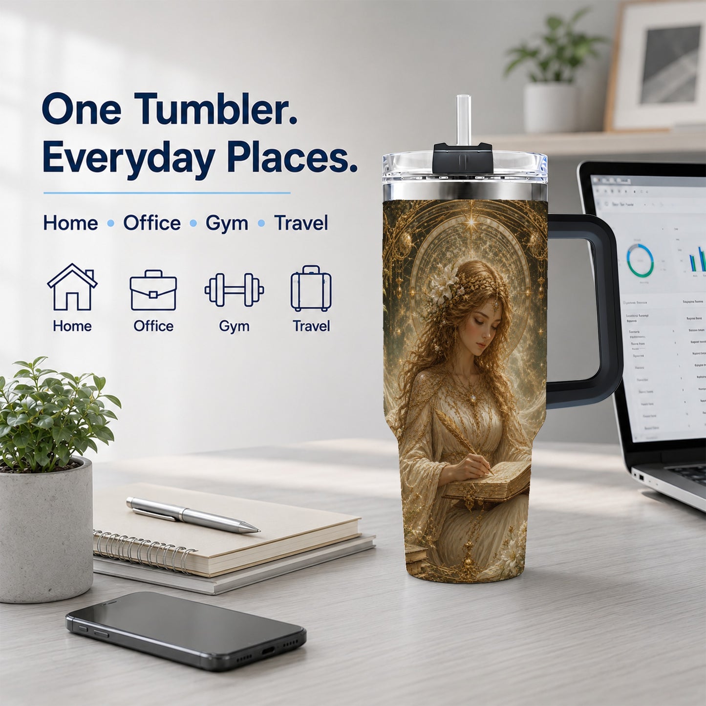 #pl[40oz|Black] Virgo Maiden 40oz Tumbler with Handle, Celestial Zodiac Floral Art