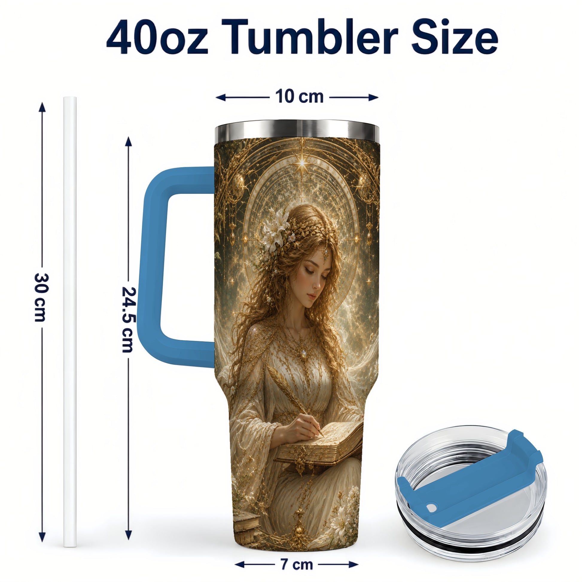 #pl[40oz|Blue] Virgo Maiden 40oz Tumbler with Handle, Celestial Zodiac Floral Art