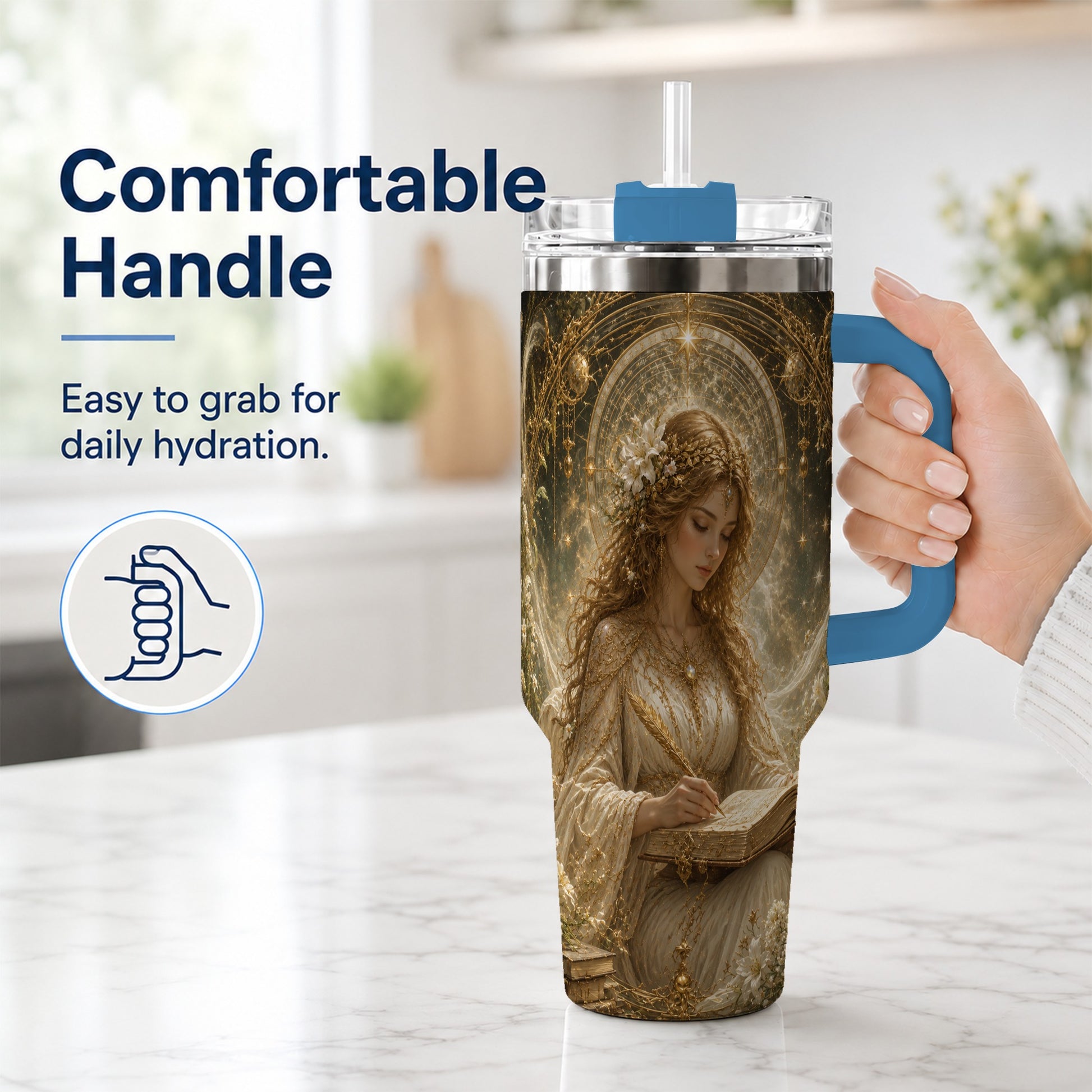 #pl[40oz|Blue] Virgo Maiden 40oz Tumbler with Handle, Celestial Zodiac Floral Art