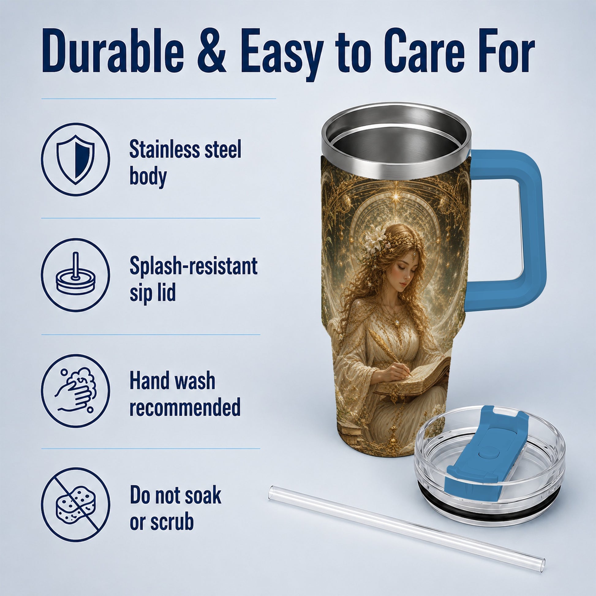 #pl[40oz|Blue] Virgo Maiden 40oz Tumbler with Handle, Celestial Zodiac Floral Art