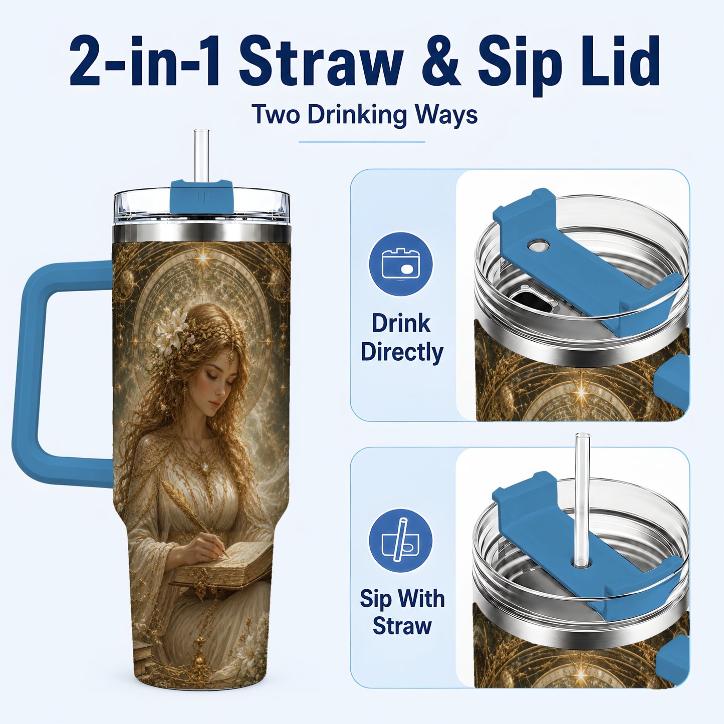 #pl[40oz|Blue] Virgo Maiden 40oz Tumbler with Handle, Celestial Zodiac Floral Art