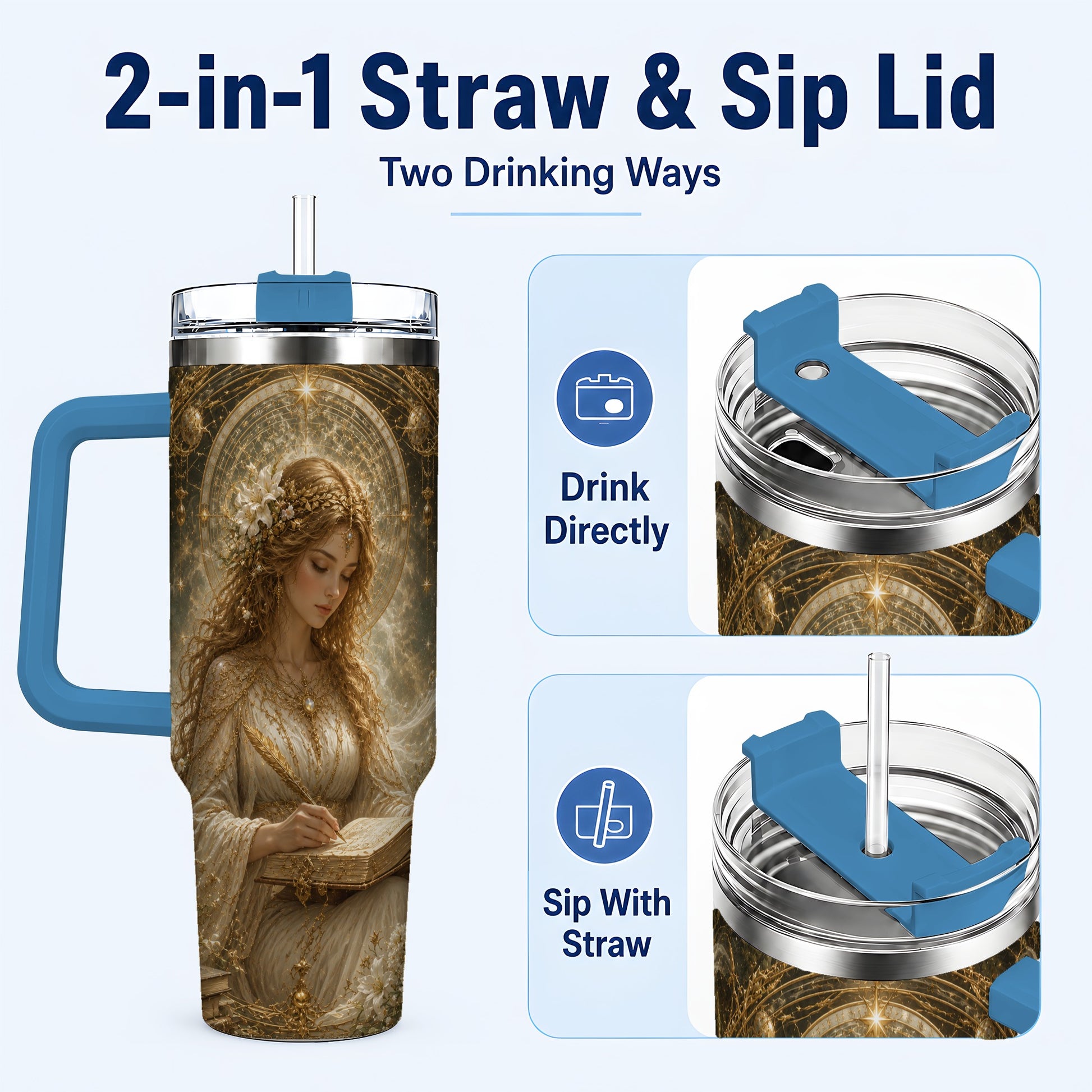 #pl[40oz|Blue] Virgo Maiden 40oz Tumbler with Handle, Celestial Zodiac Floral Art
