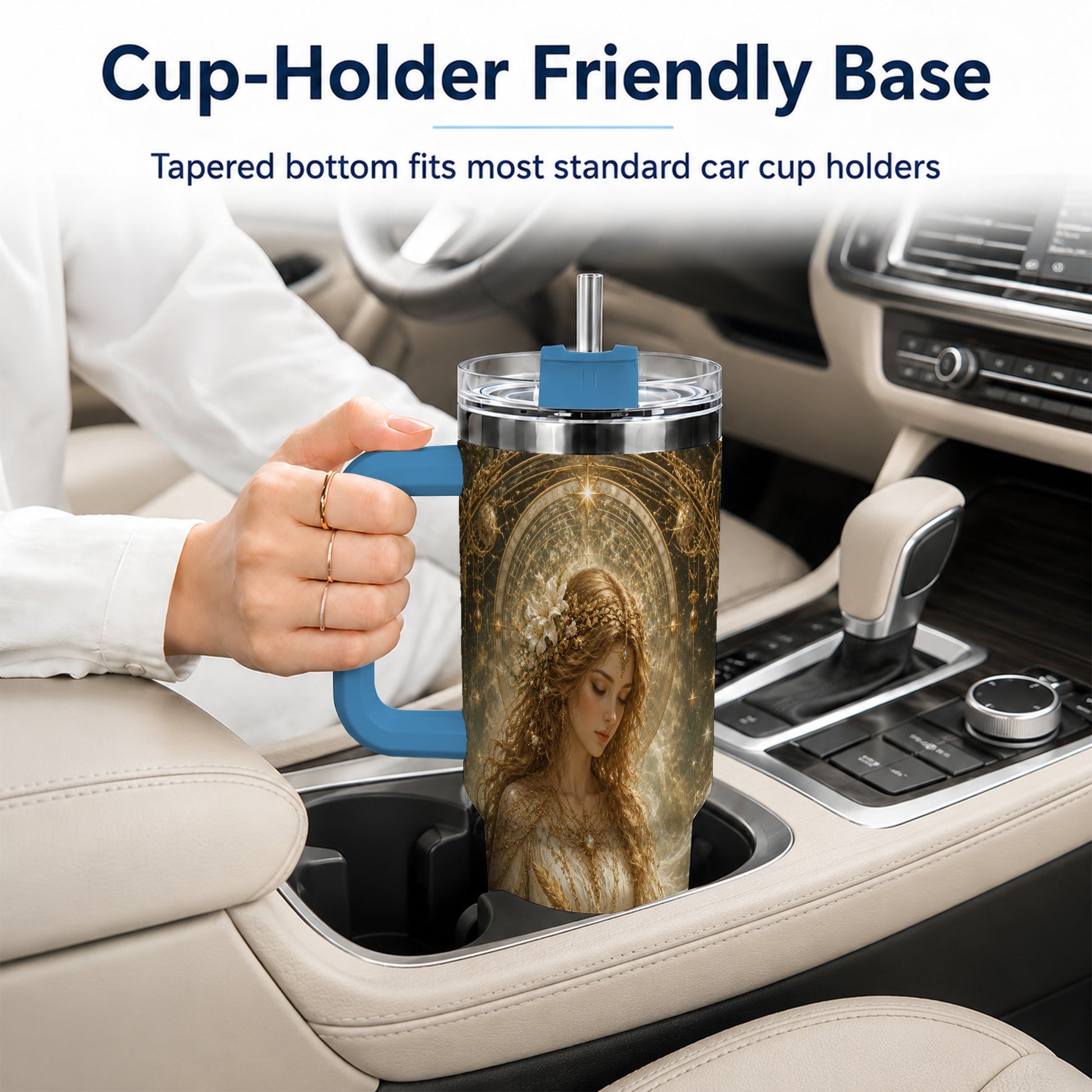 #pl[40oz|Blue] Virgo Maiden 40oz Tumbler with Handle, Celestial Zodiac Floral Art