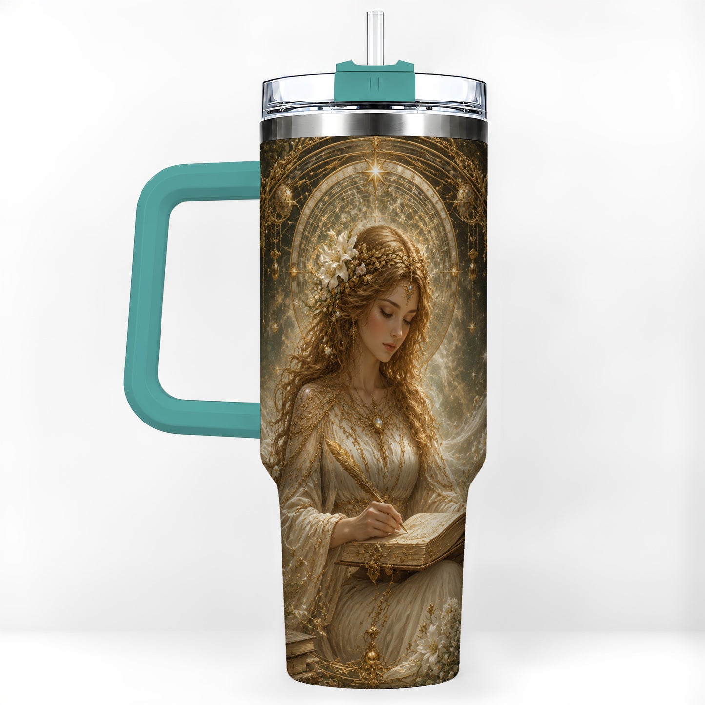 #pl[40oz|Green] Virgo Maiden 40oz Tumbler with Handle, Celestial Zodiac Floral Art