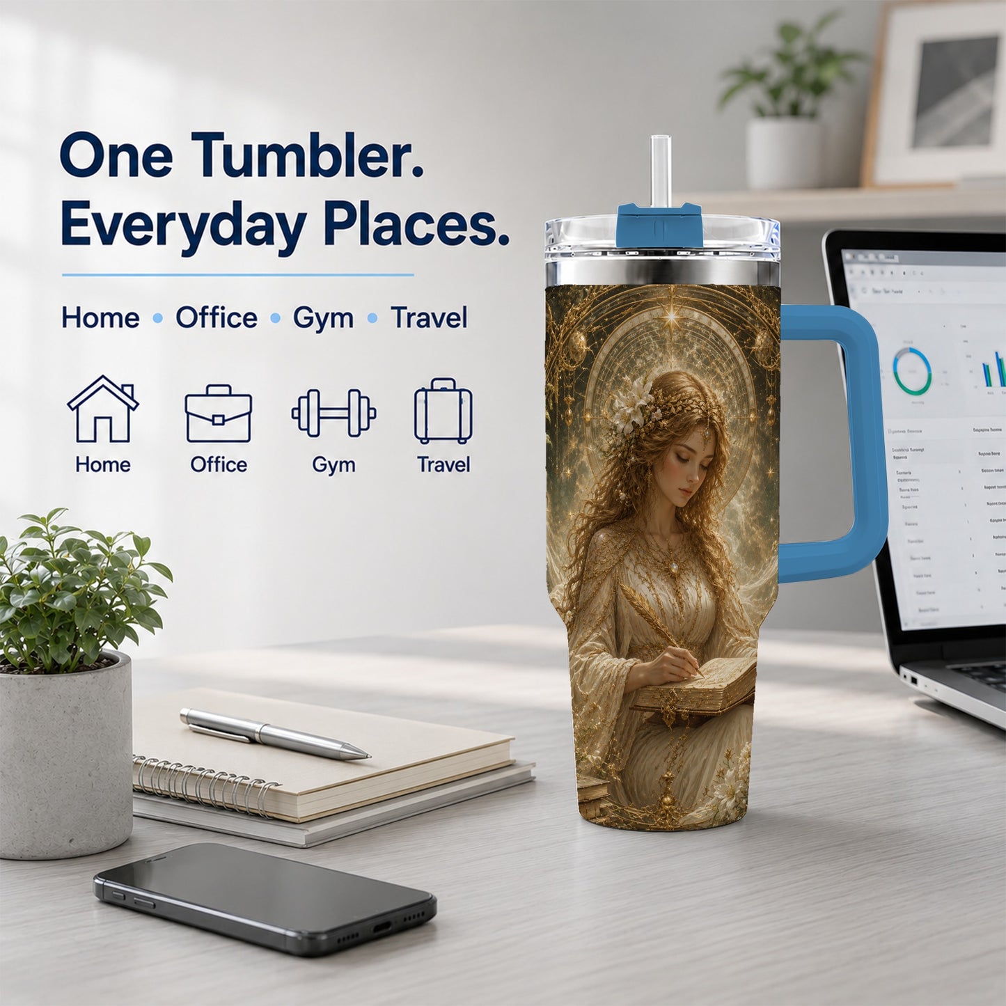 #pl[40oz|Blue] Virgo Maiden 40oz Tumbler with Handle, Celestial Zodiac Floral Art
