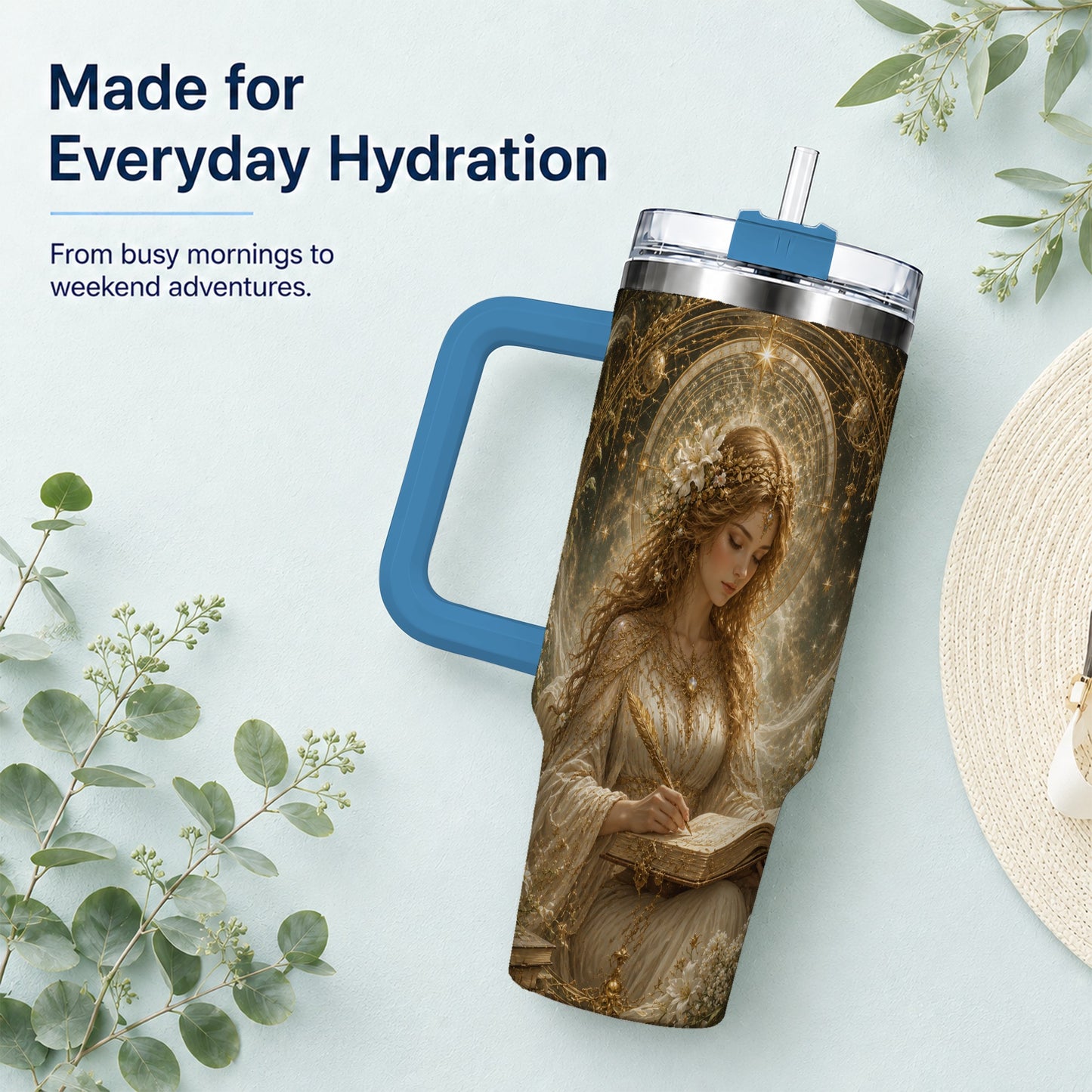 #pl[40oz|Blue] Virgo Maiden 40oz Tumbler with Handle, Celestial Zodiac Floral Art