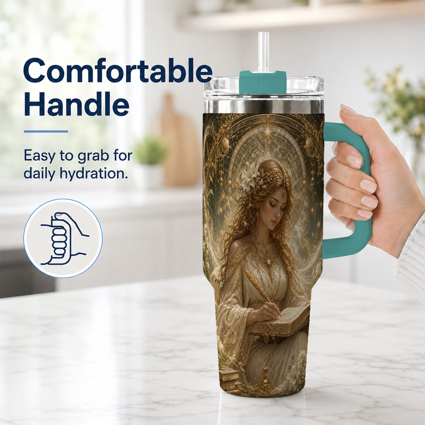 #pl[40oz|Green] Virgo Maiden 40oz Tumbler with Handle, Celestial Zodiac Floral Art