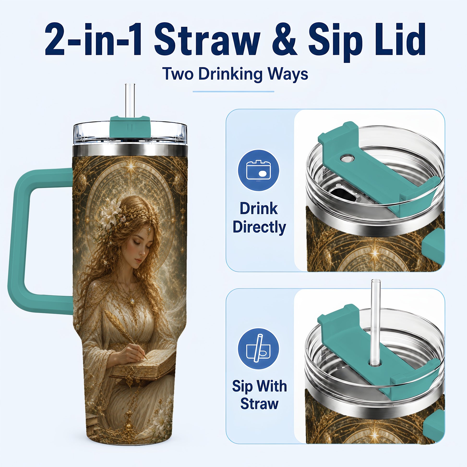 #pl[40oz|Green] Virgo Maiden 40oz Tumbler with Handle, Celestial Zodiac Floral Art