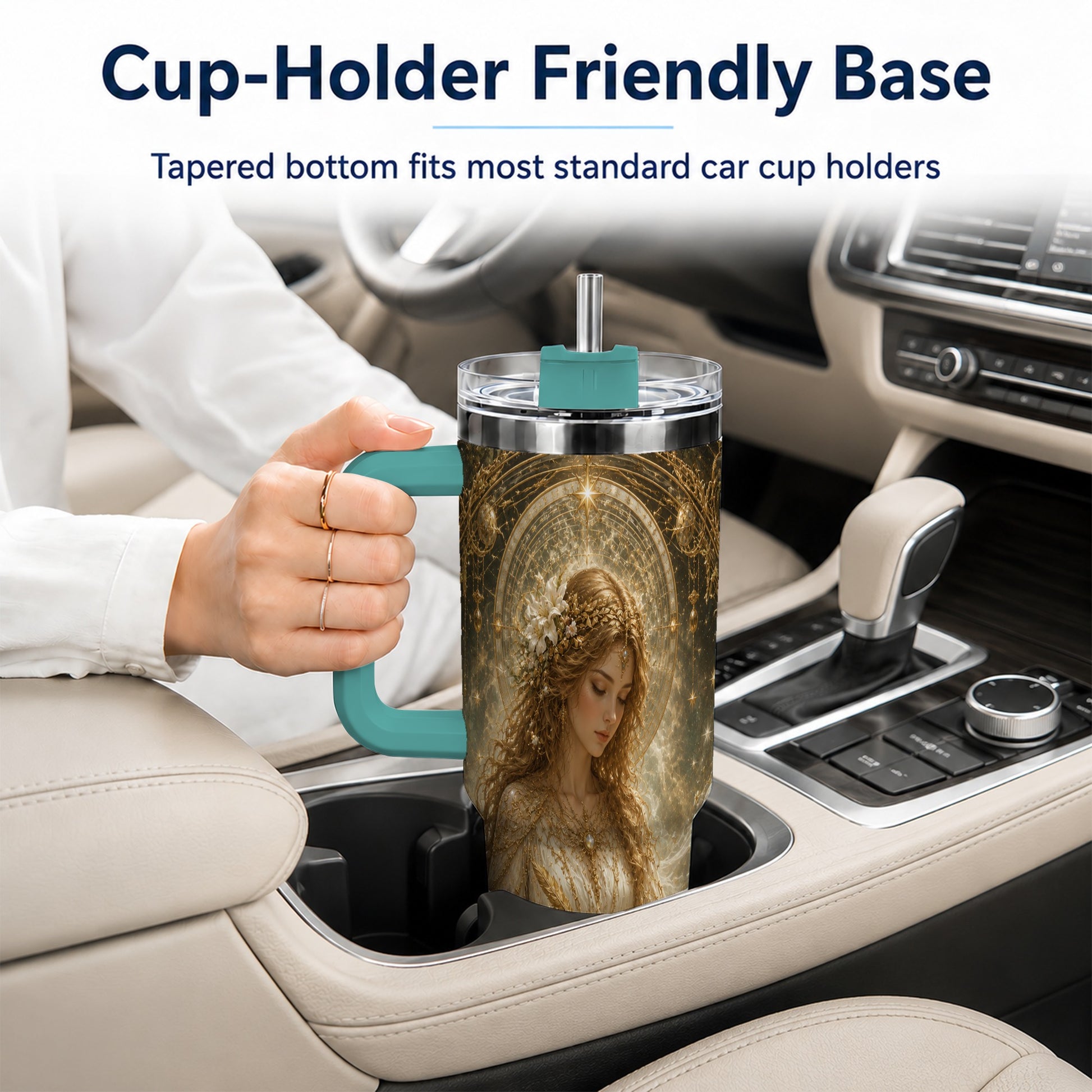 #pl[40oz|Green] Virgo Maiden 40oz Tumbler with Handle, Celestial Zodiac Floral Art