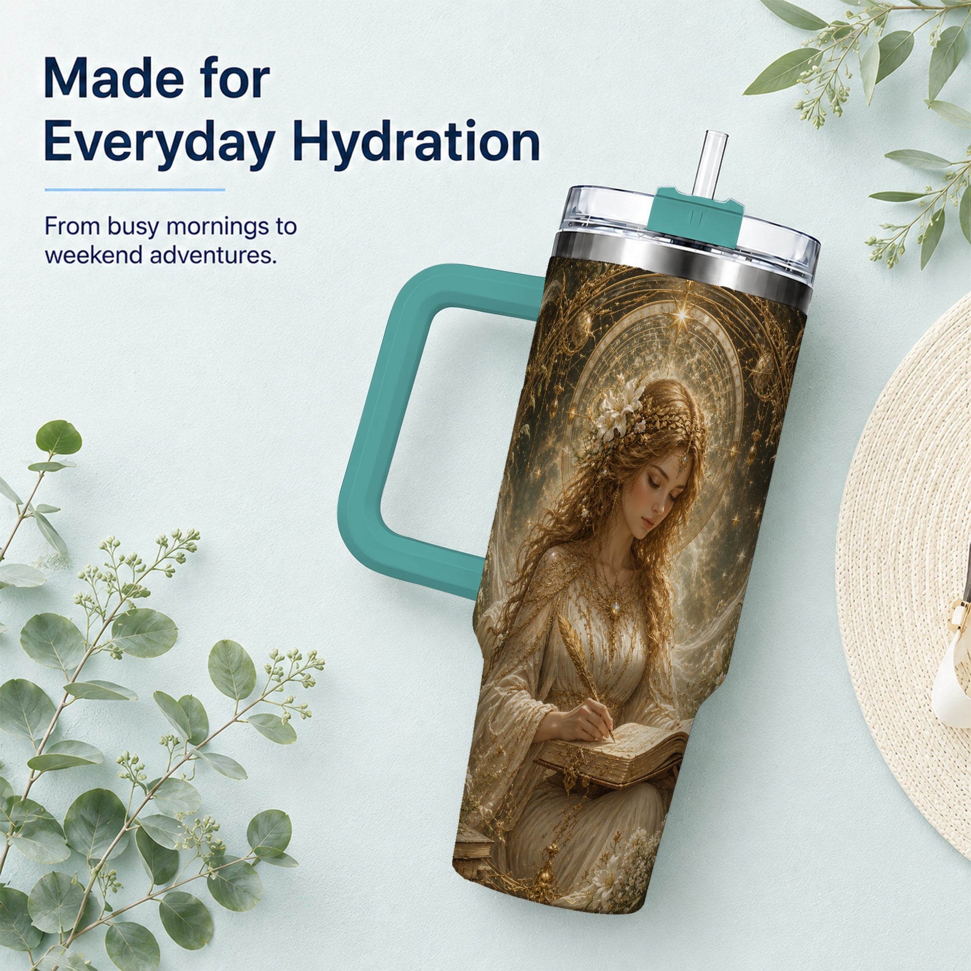 #pl[40oz|Green] Virgo Maiden 40oz Tumbler with Handle, Celestial Zodiac Floral Art