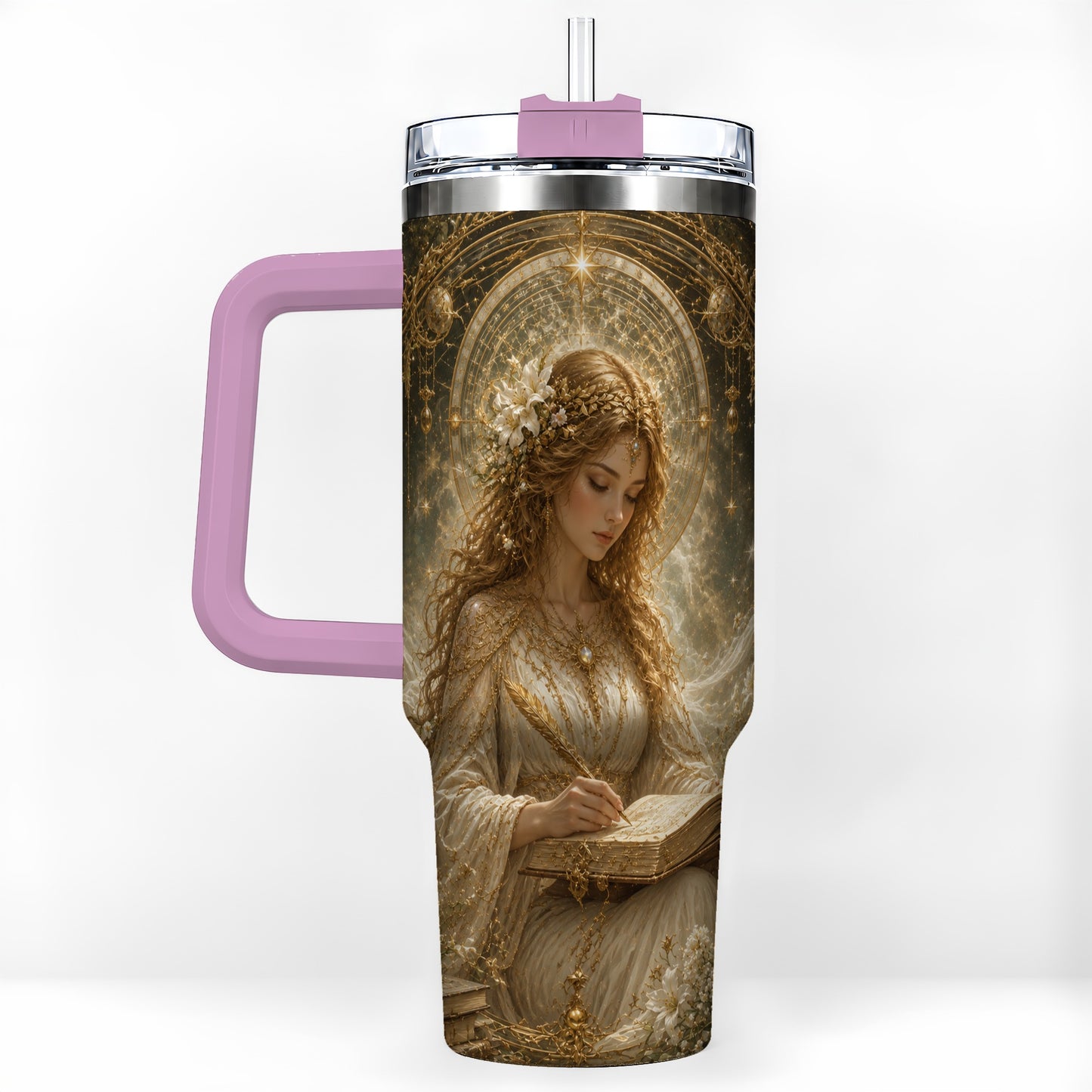 #pl[40oz|Pink] Virgo Maiden 40oz Tumbler with Handle, Celestial Zodiac Floral Art
