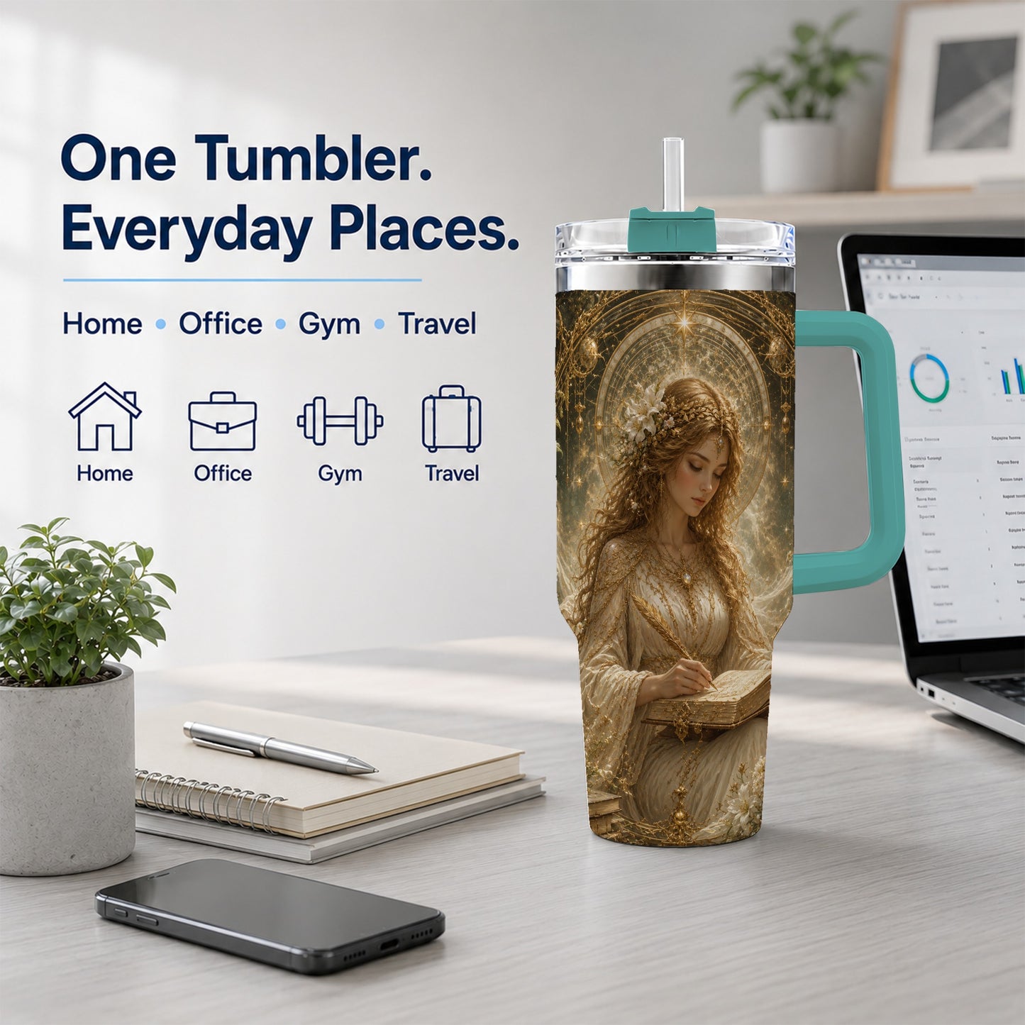 #pl[40oz|Green] Virgo Maiden 40oz Tumbler with Handle, Celestial Zodiac Floral Art