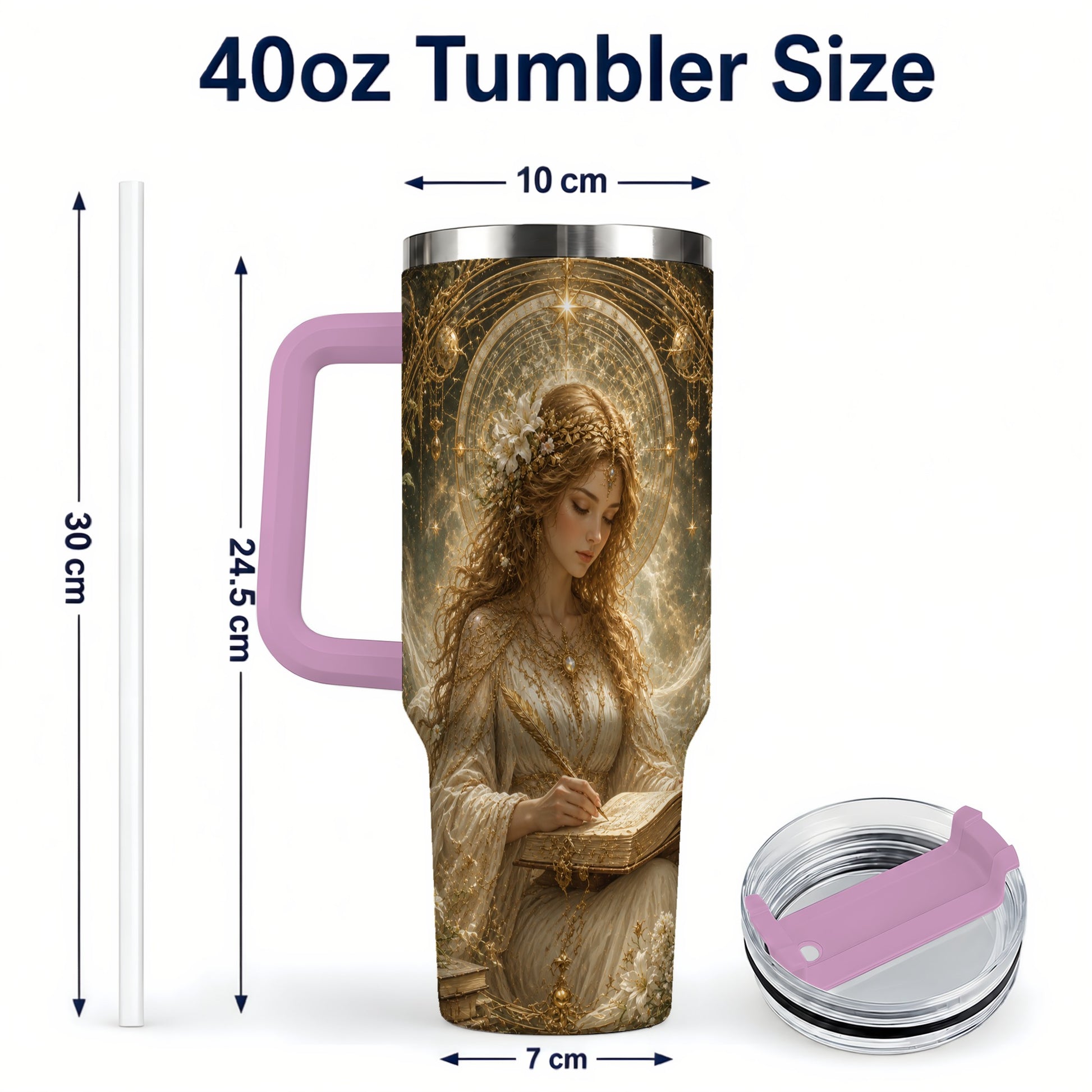 #pl[40oz|Pink] Virgo Maiden 40oz Tumbler with Handle, Celestial Zodiac Floral Art