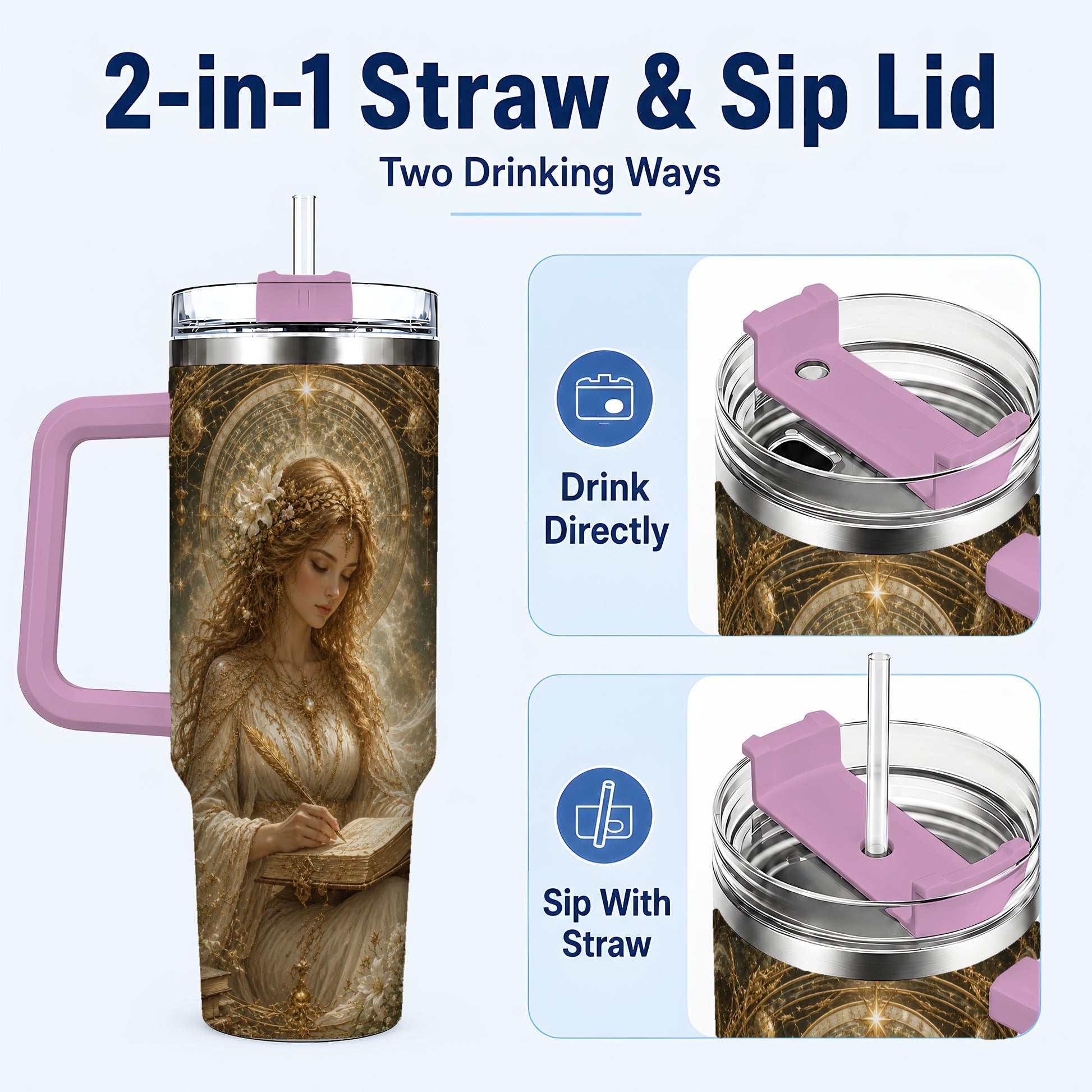 #pl[40oz|Pink] Virgo Maiden 40oz Tumbler with Handle, Celestial Zodiac Floral Art